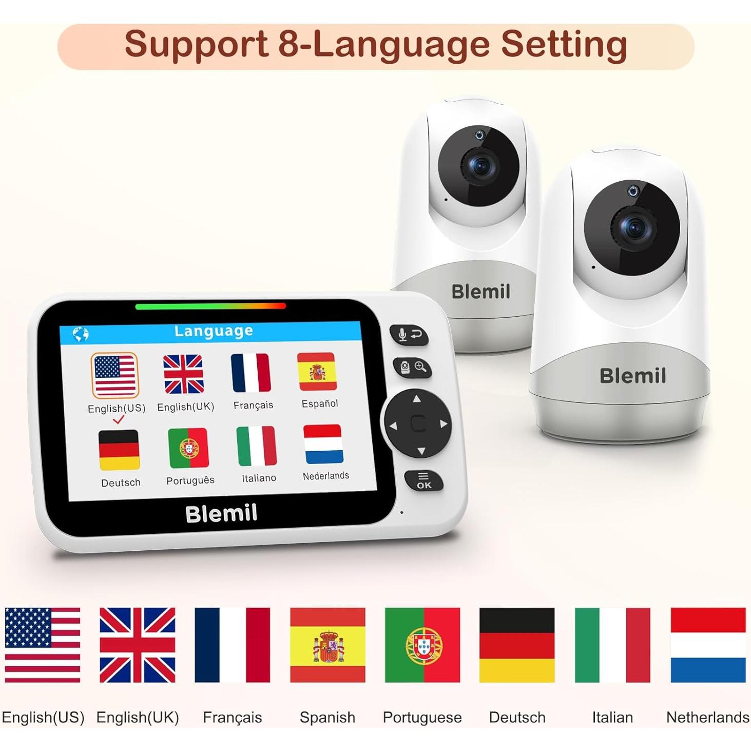 Monitor para Bebés Blemil BL9052-2 con 2 Cámaras y Audio