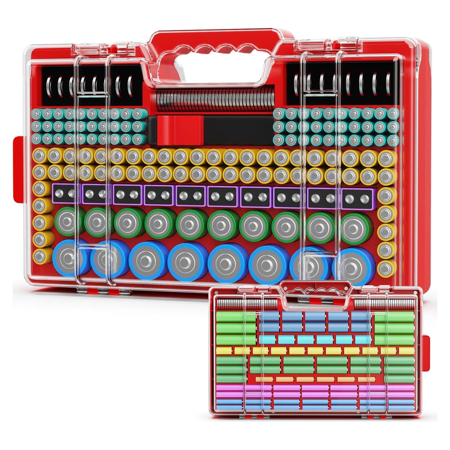 Caja organizadora de baterías Narotood con probador - Rojo