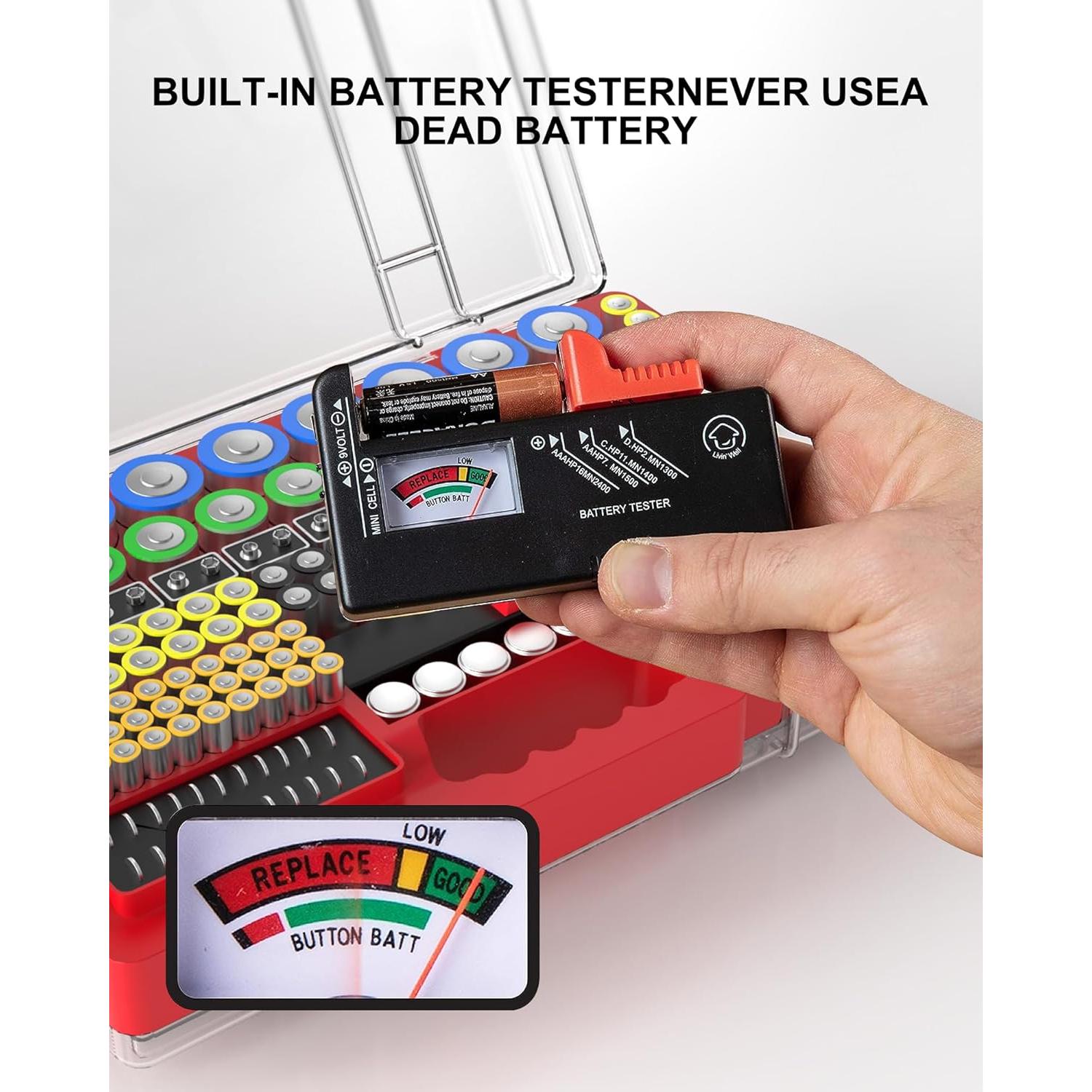 Caja organizadora de baterías Narotood con probador - Rojo