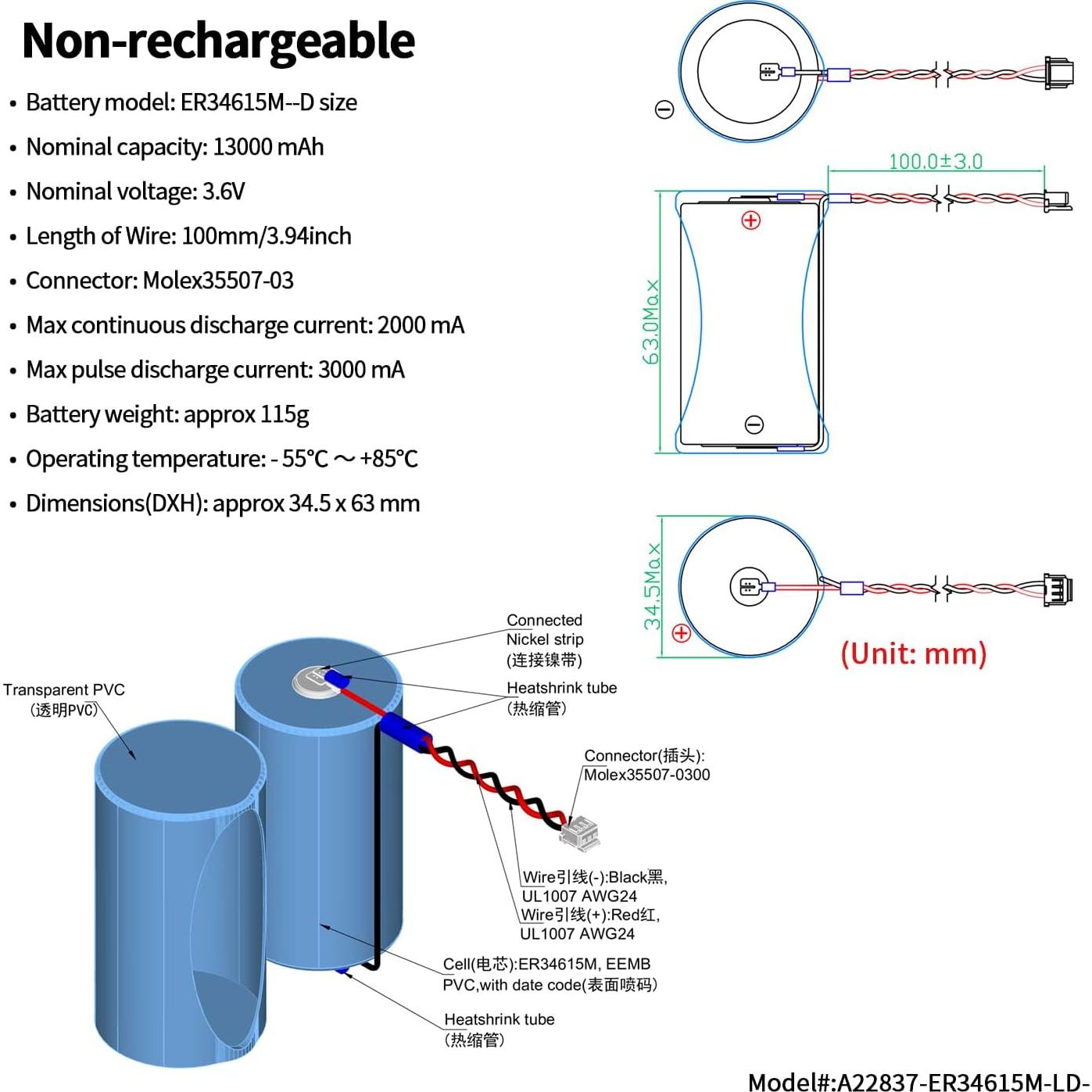 Batería de Litio EEMB 3.6V ER34615M-T1 13000mAh Tamaño D