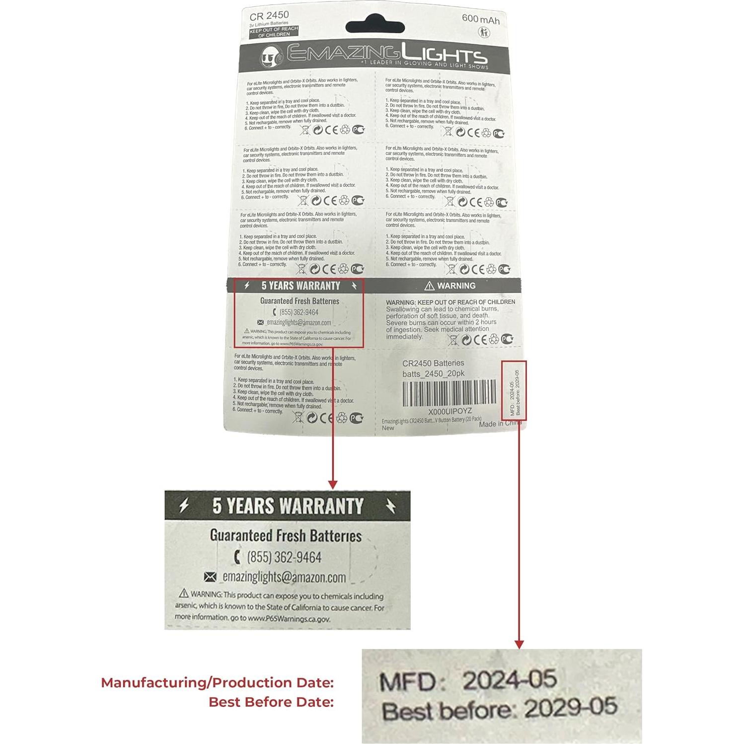 Baterías de Litio CR2450 EmazingLights 20 Piezas 3V Larga Duración