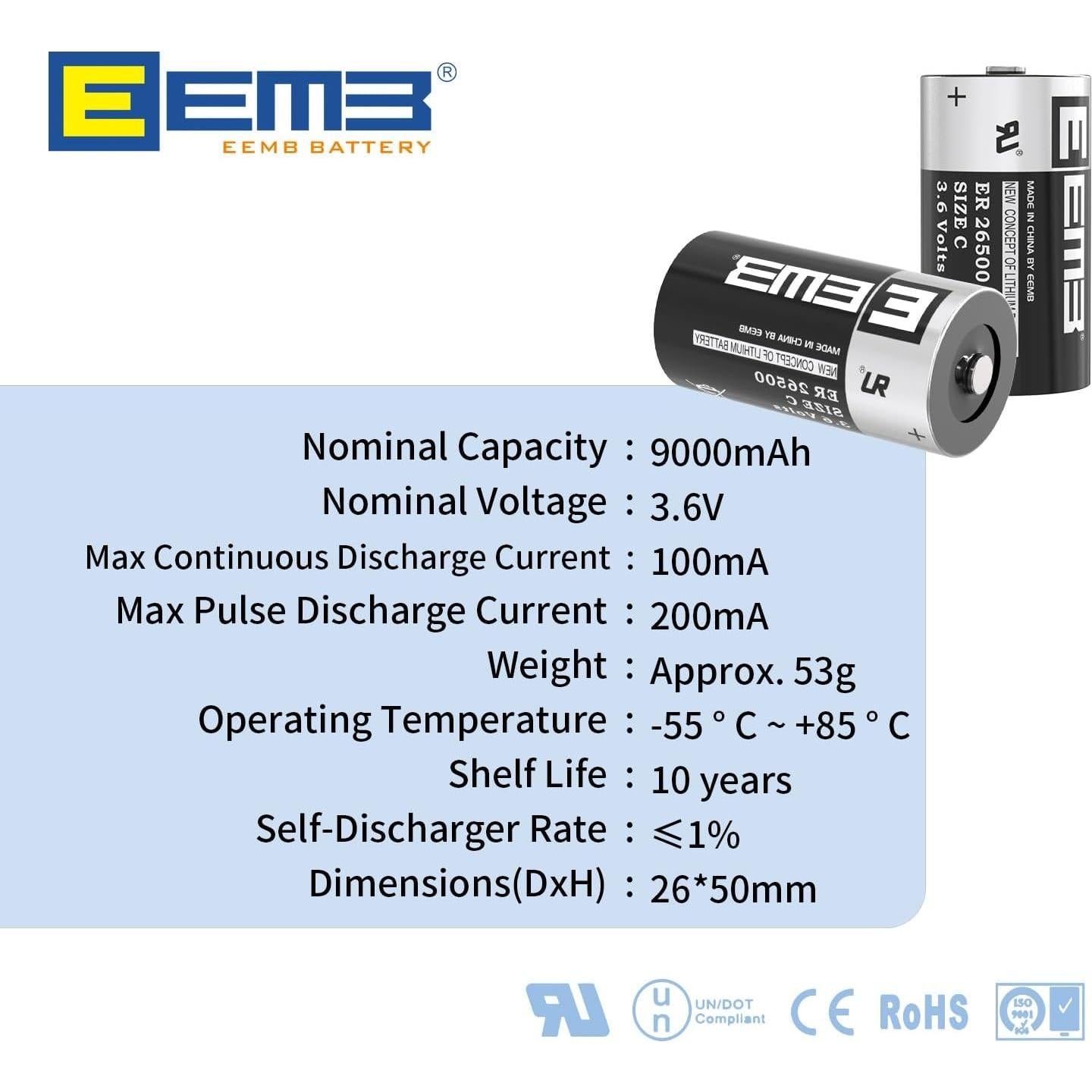 Batería de Litio C EEMB ER26500 3.6V 9000mAh 4-Pack