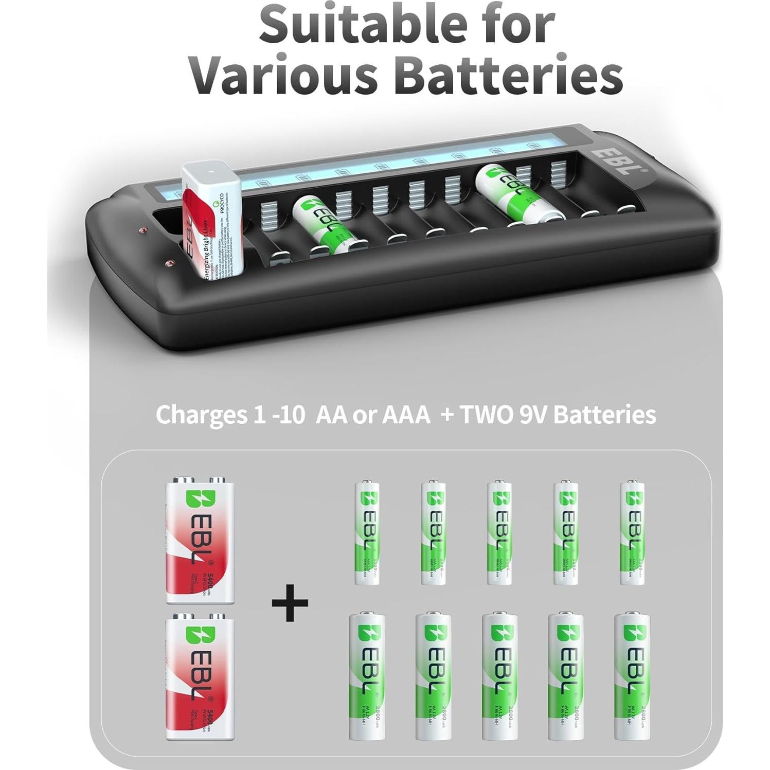 Cargador de Baterías EBL LCD 12 Bahías AA AAA 9V