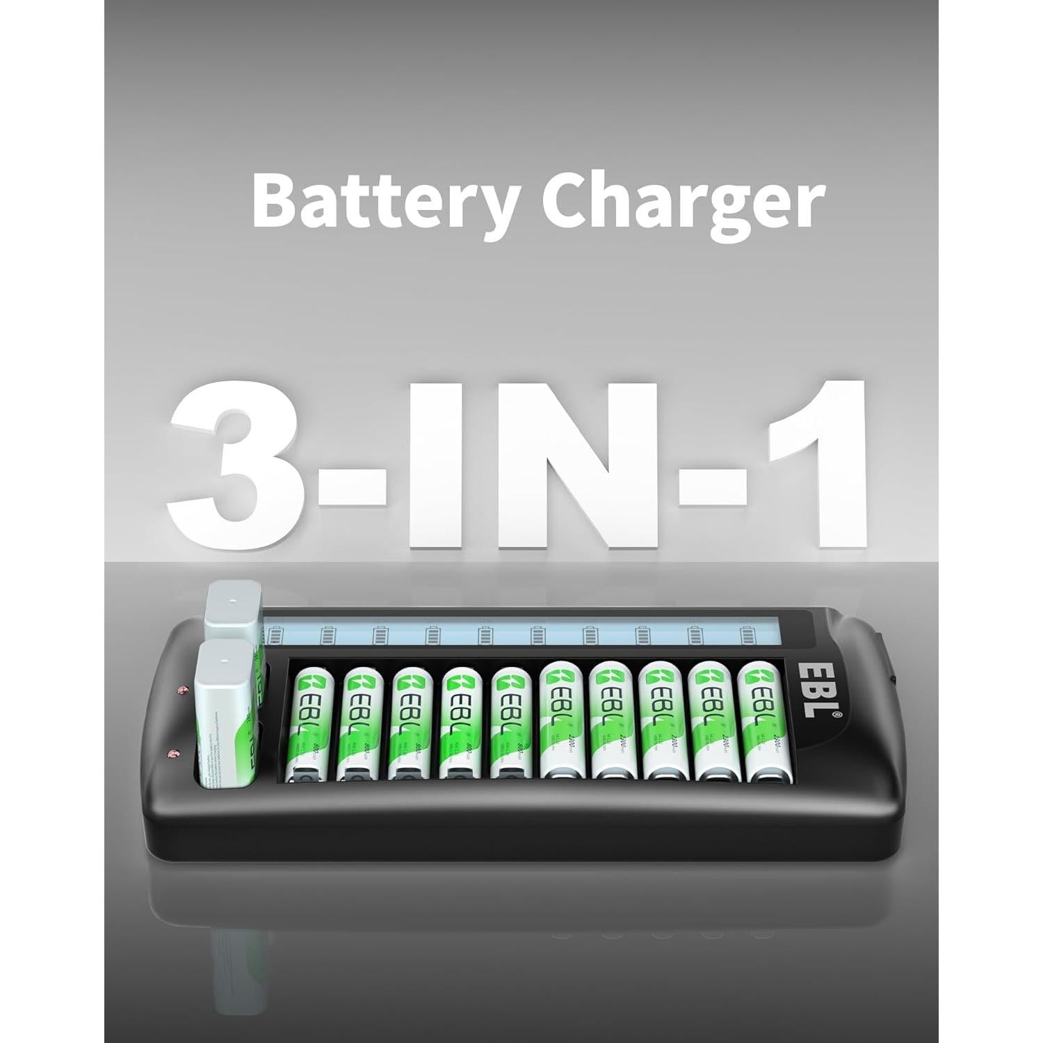 Cargador de Baterías EBL LCD 12 Bahías AA AAA 9V