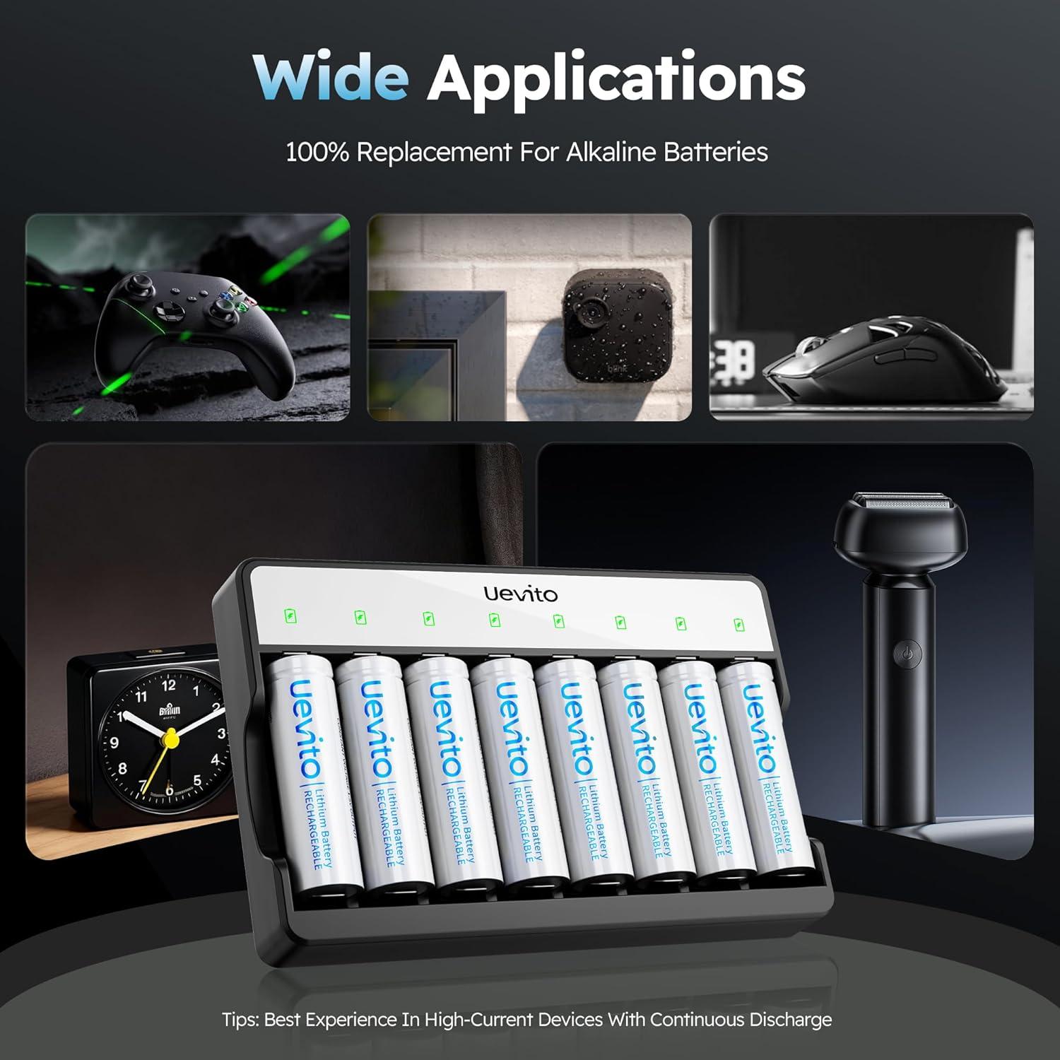 Baterías recargables AA UEVITO 3600mWh con cargador 8 unidades