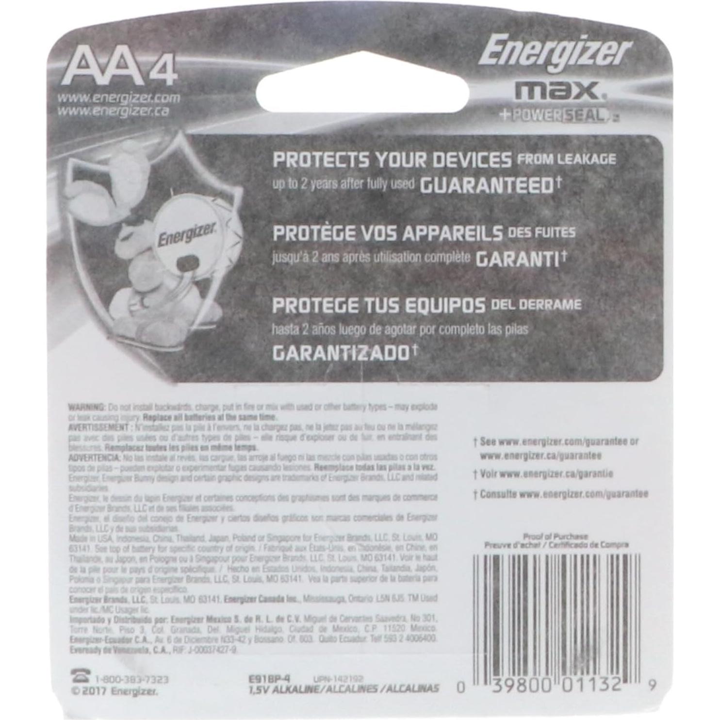 Baterías Alcalinas Energizer MAX AA - Paquete de 4 Unidades