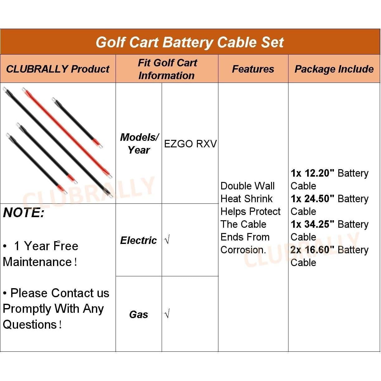 Cables de Batería para Carro de Golf CLUBRALLY EZGO RXV 2 Gauge
