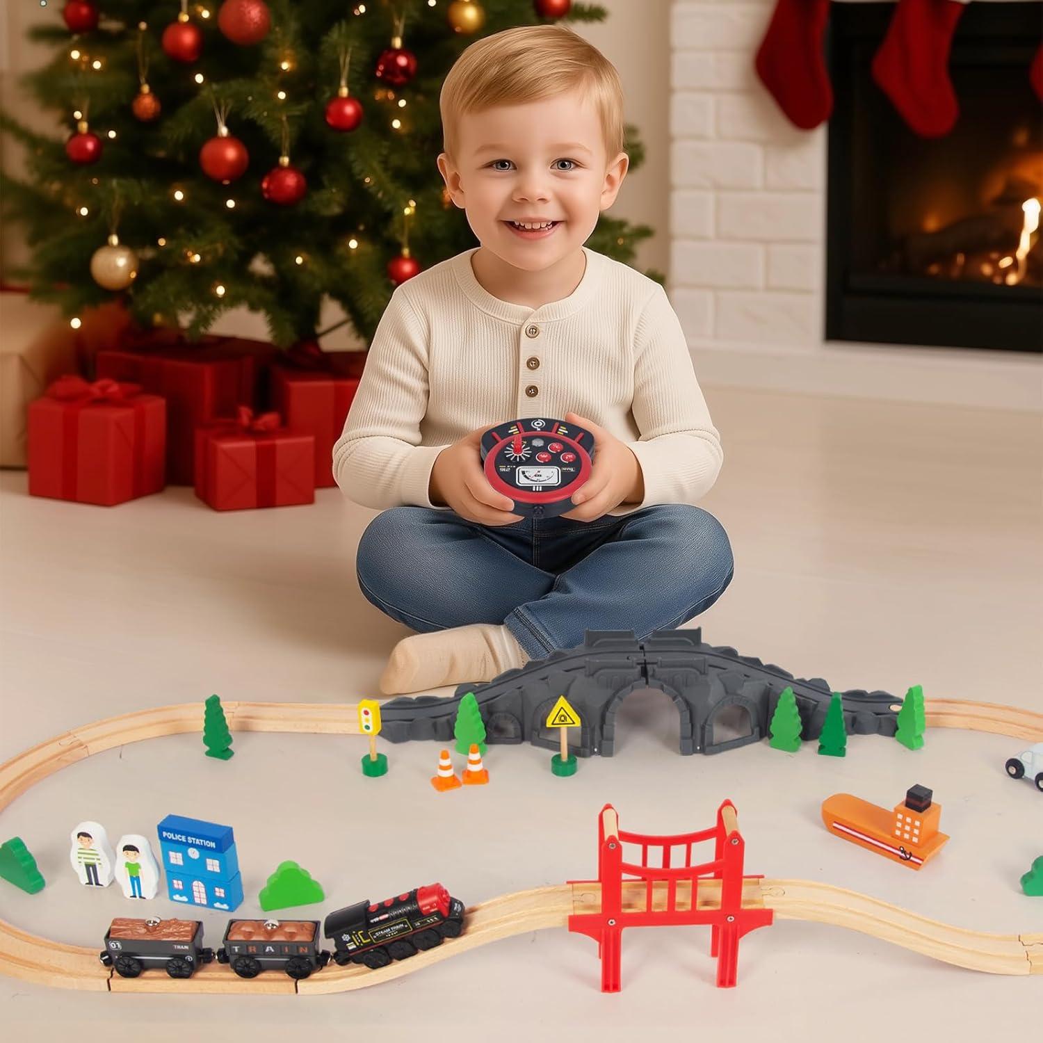 Tren Motorizado de Madera WOODENFUN Rojo con Control Remoto