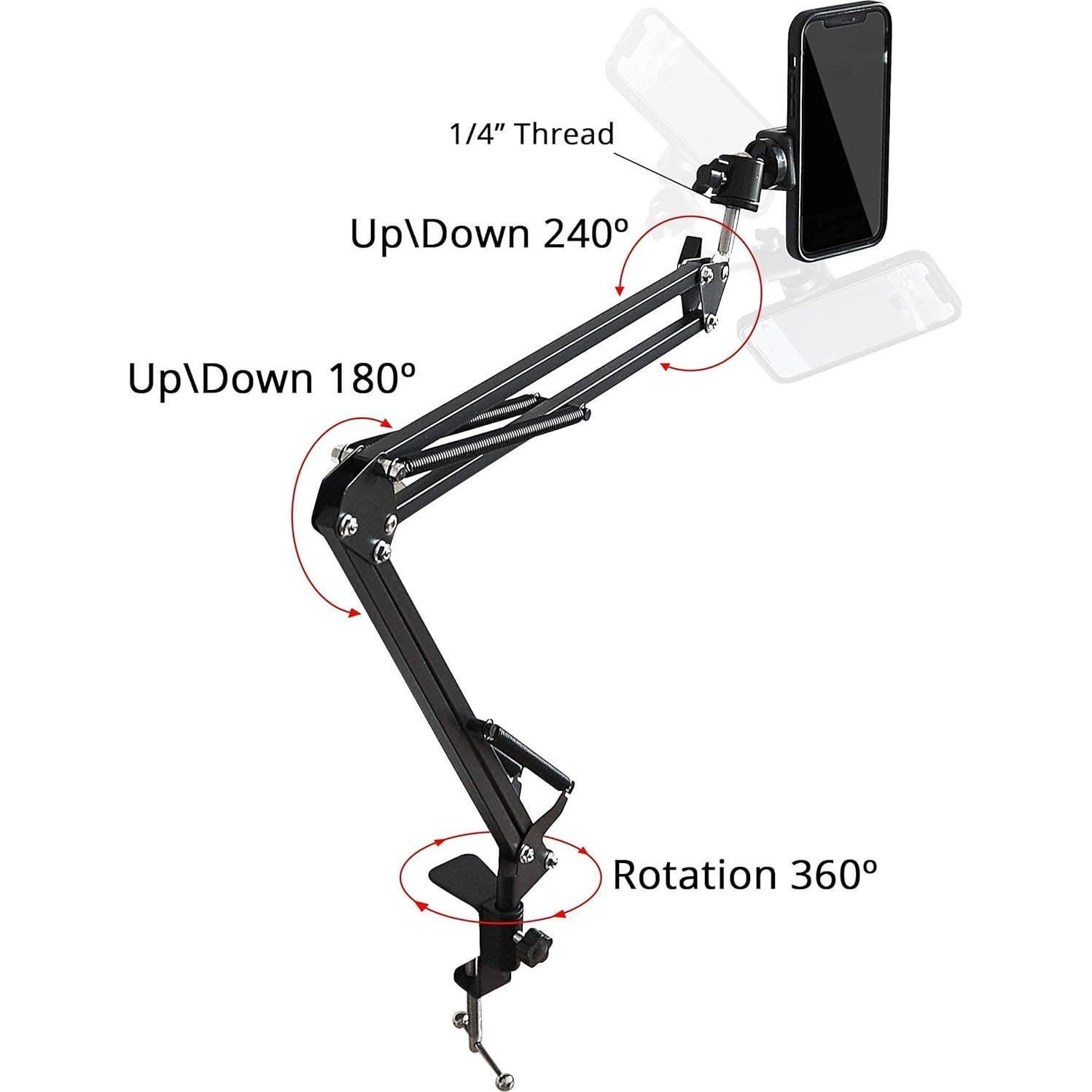 Overhead Phone Stand and Holder - Flexible Arm Phone Stand - Camera Holder with Clamps for Live Streaming, Webcams, and Recording Videos