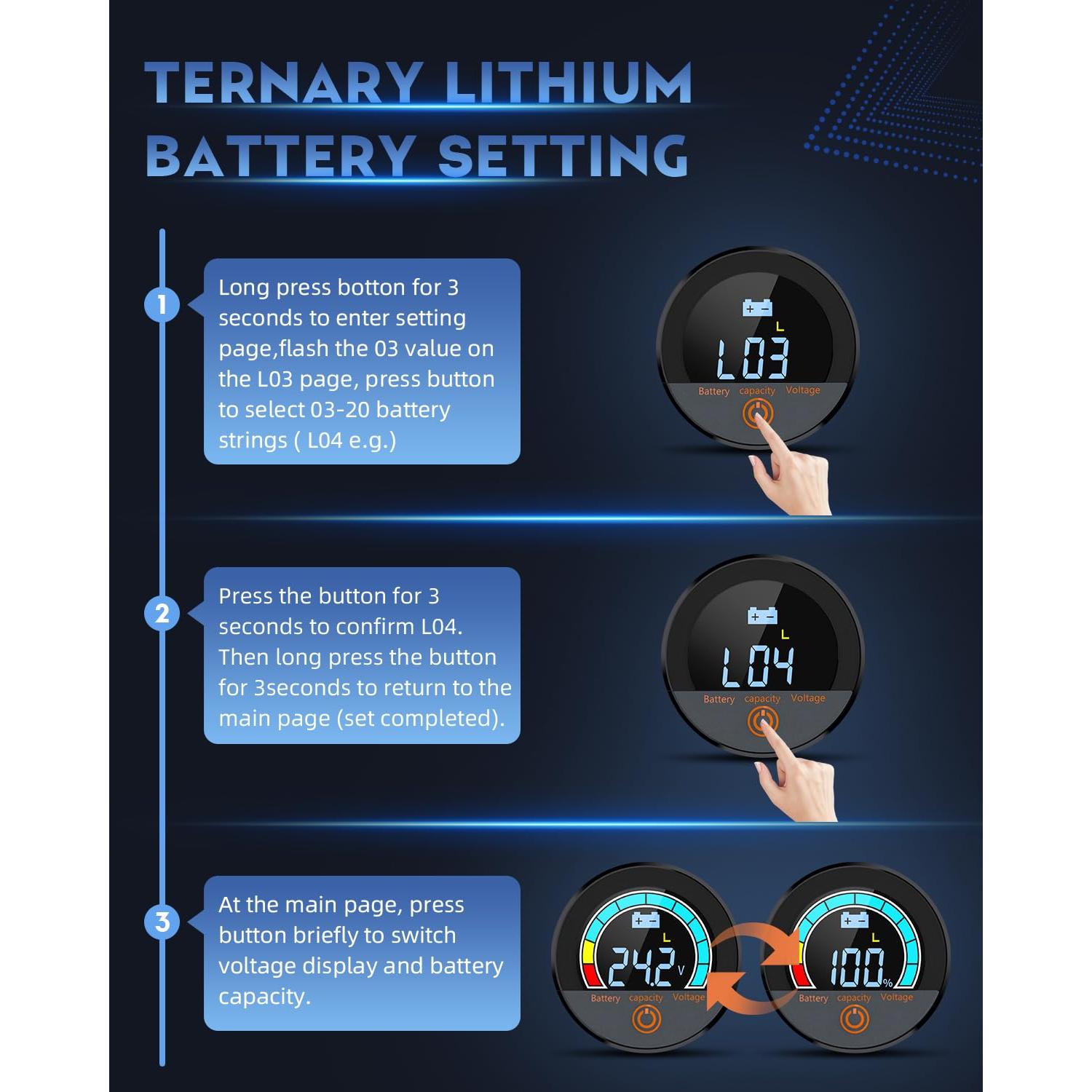 Medidor de Voltaje LCD 12V-84V IP68 Safpovel Monitor Batería