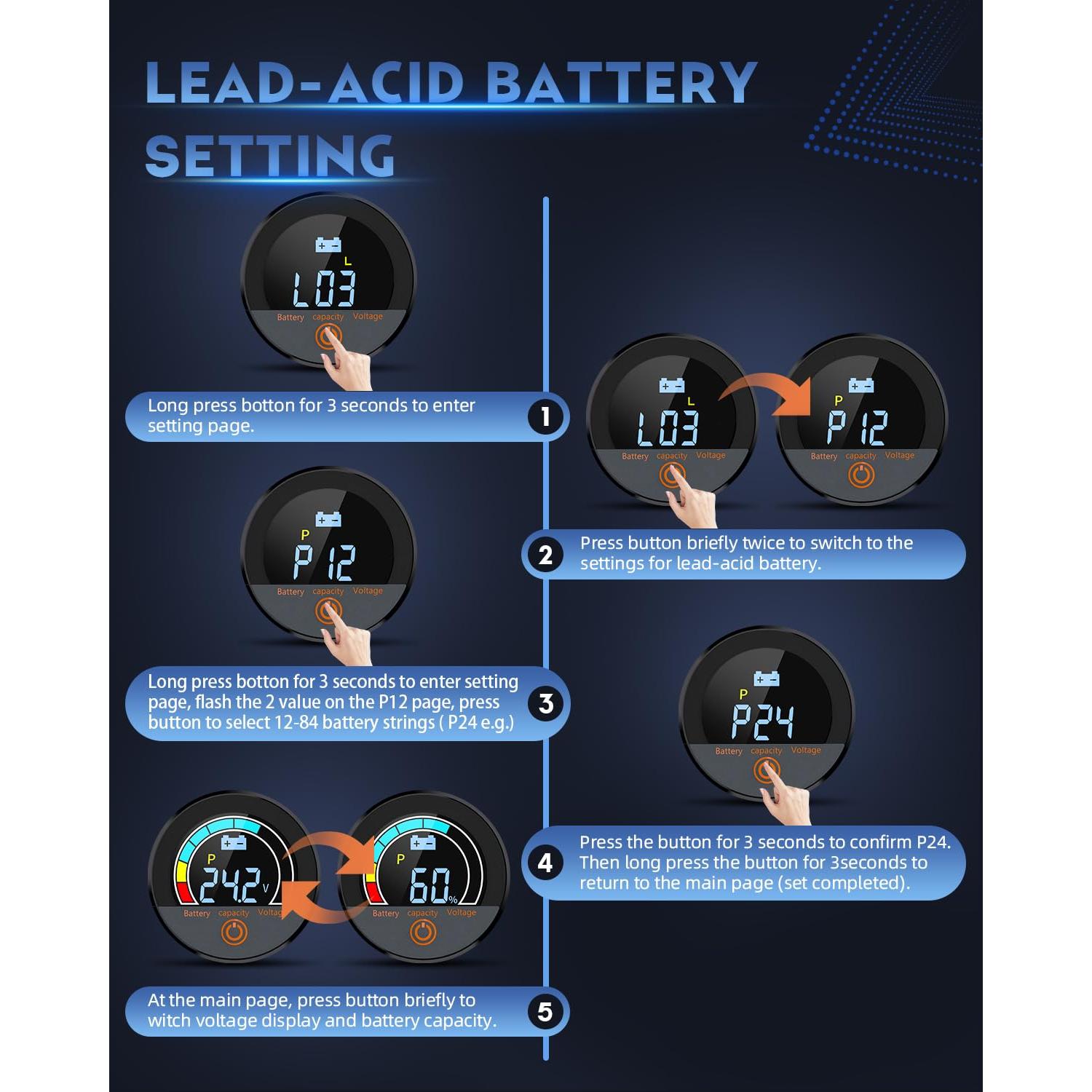 Medidor de Voltaje LCD 12V-84V IP68 Safpovel Monitor Batería