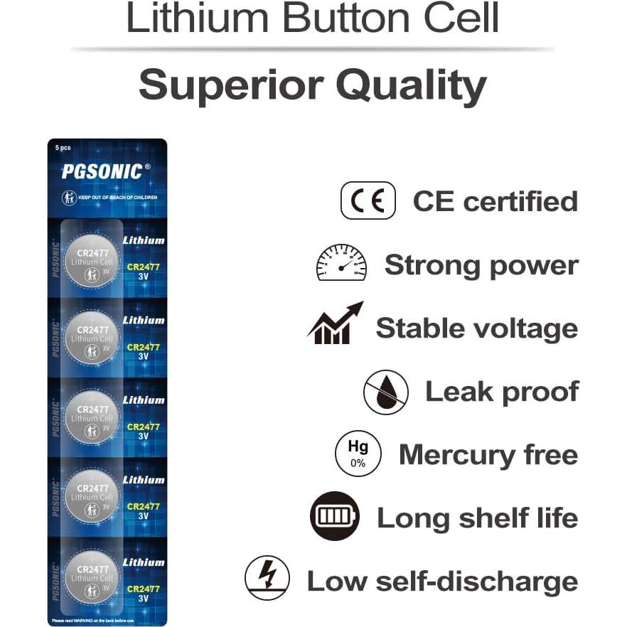 Batería de Litio CR2477 PGSONIC 5 Pack 3V 1100mAh