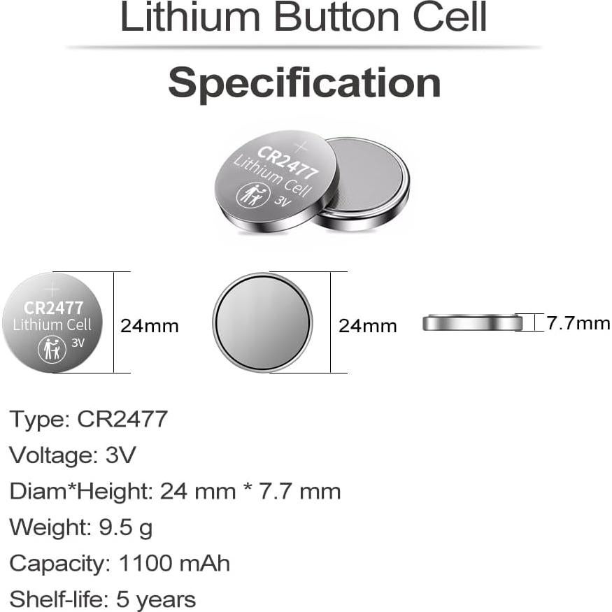 Batería de Litio CR2477 PGSONIC 5 Pack 3V 1100mAh