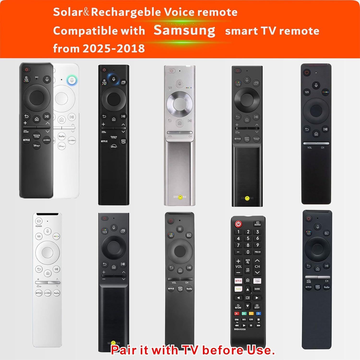 Control Remoto Solar Samsung Smart TV 2018-2025, Carga Rápida