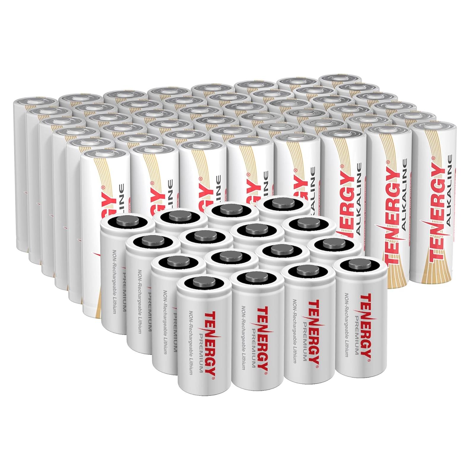 Paquete de 16 Baterías CR123A Tenergy + 48 Baterías AA 1.5V