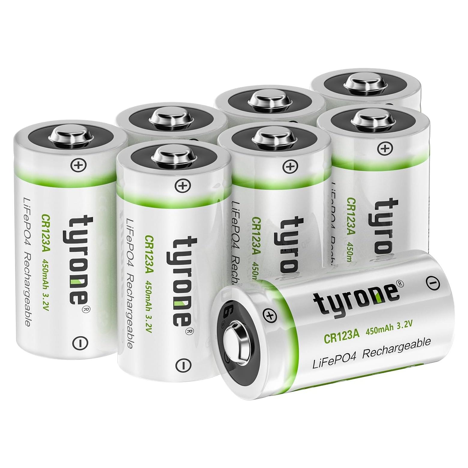 Baterías Recargables de Litio Tyrone CR123A 3.2V Paquete de 8