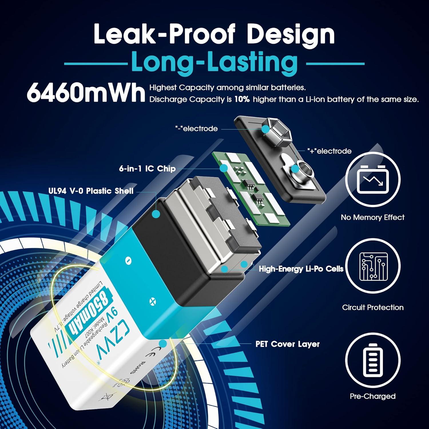 Baterías recargables 9V CZVV K007 - Paquete de 4 con cargador