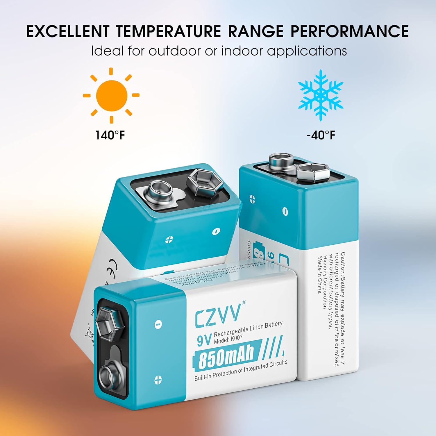 Baterías recargables 9V CZVV K007 - Paquete de 4 con cargador