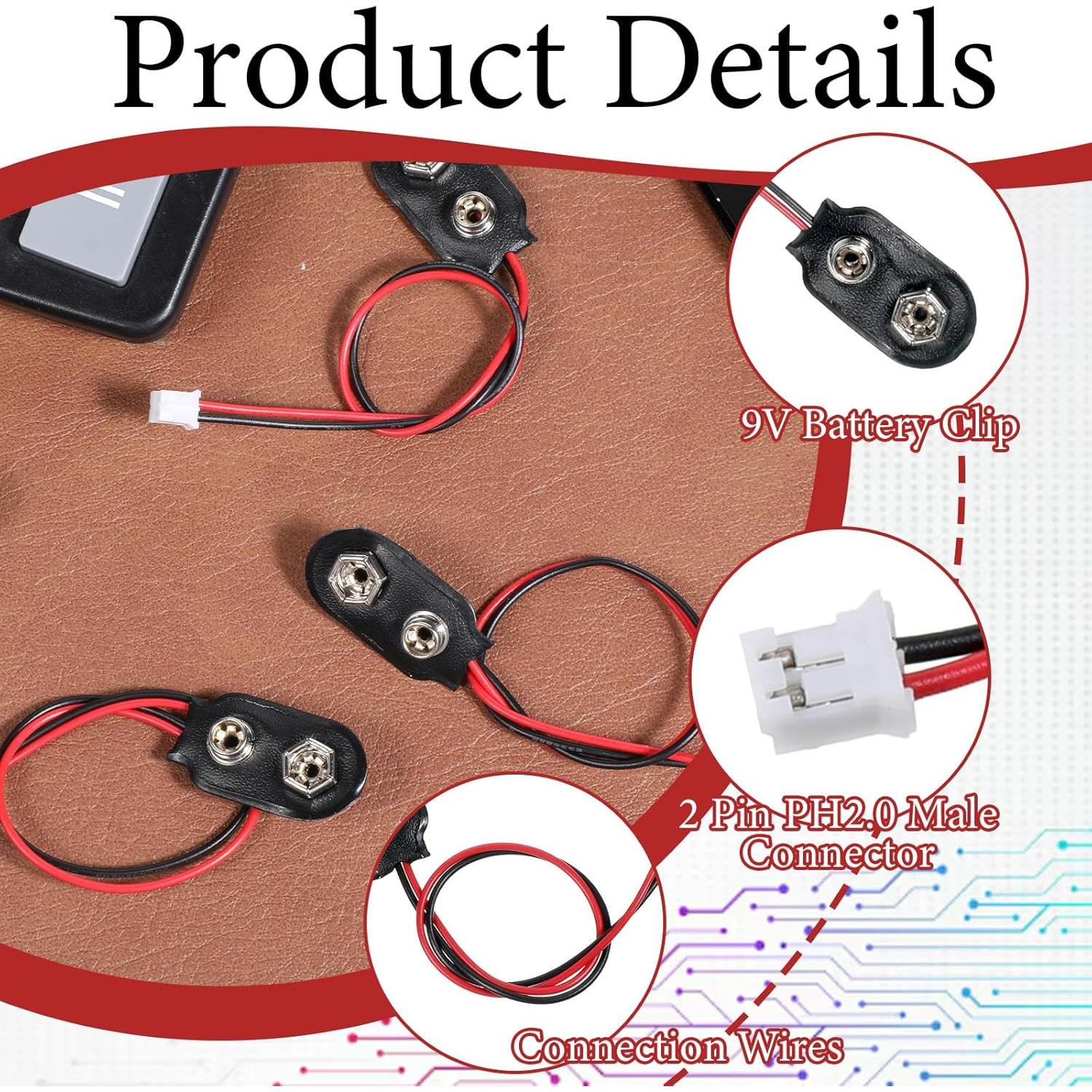 Conector de Clip de Batería 9V PH2.0 EupHHonycs - 4 Pcs 15cm