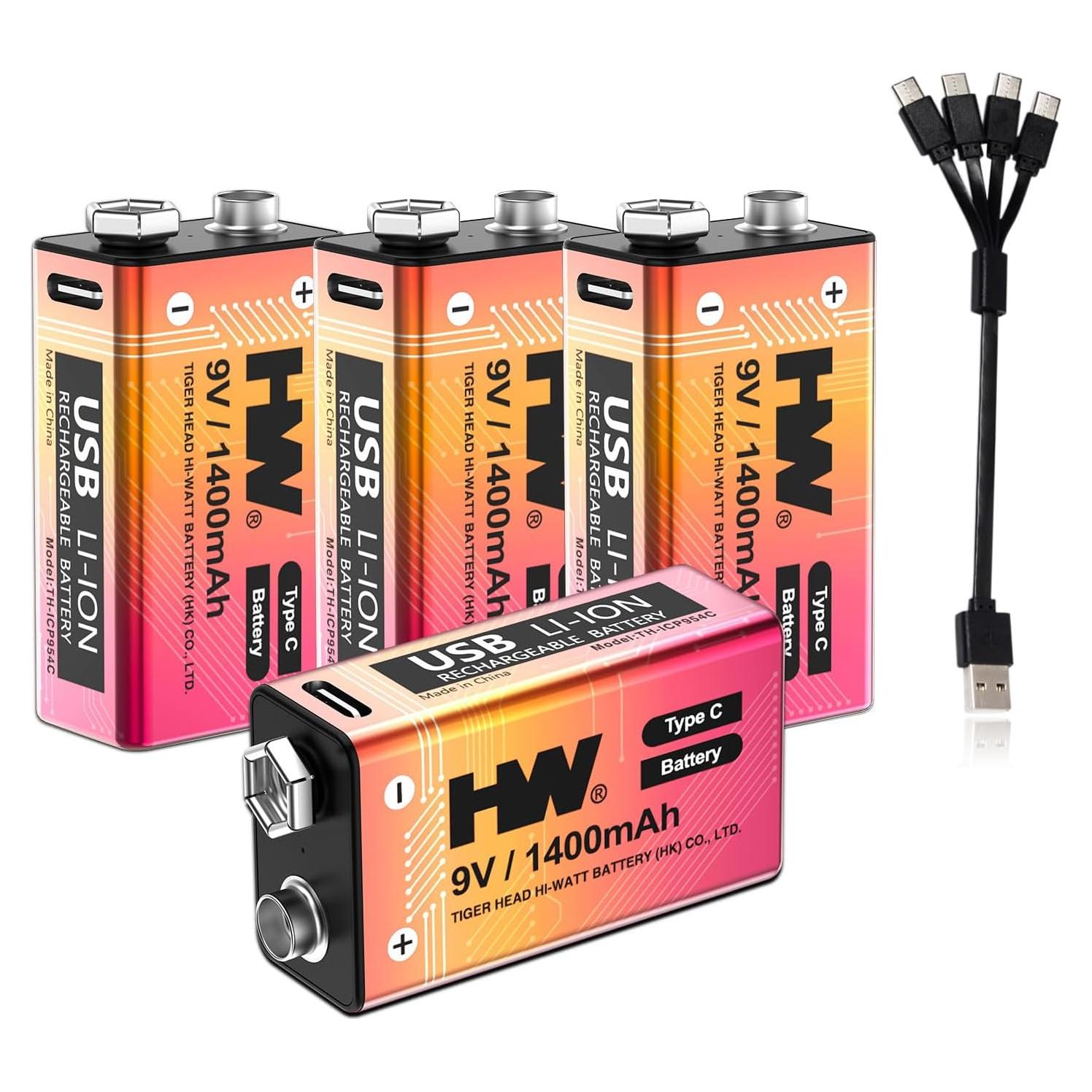 Baterías Recargables 9V HW Paquete de 4, 1400mAh USB-C