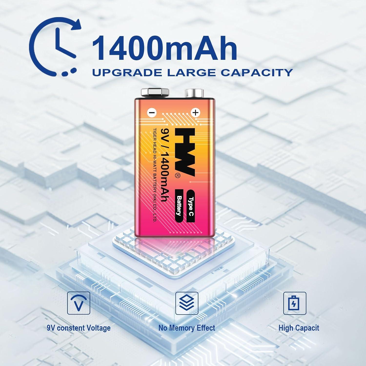 Baterías Recargables 9V HW Paquete de 4, 1400mAh USB-C