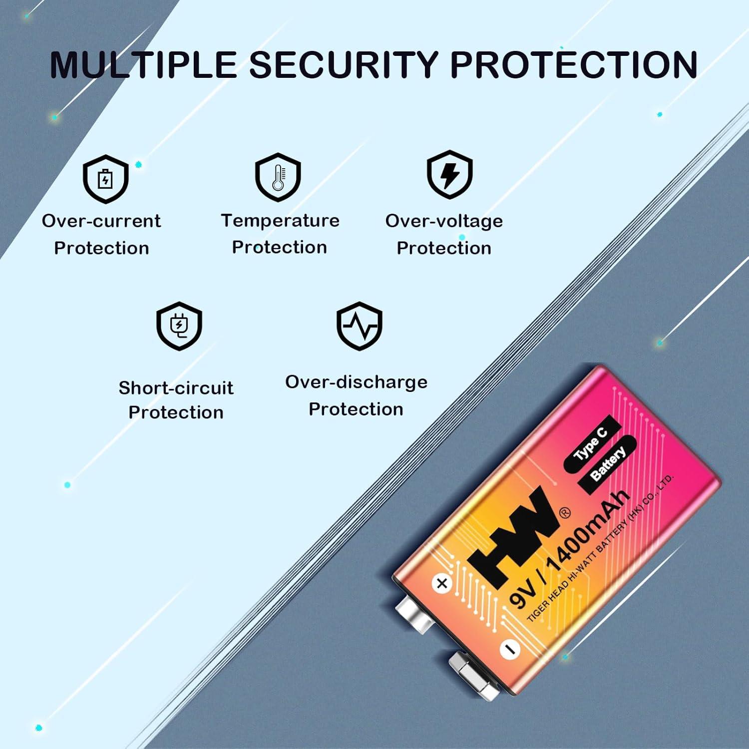 Baterías Recargables 9V HW Paquete de 4, 1400mAh USB-C