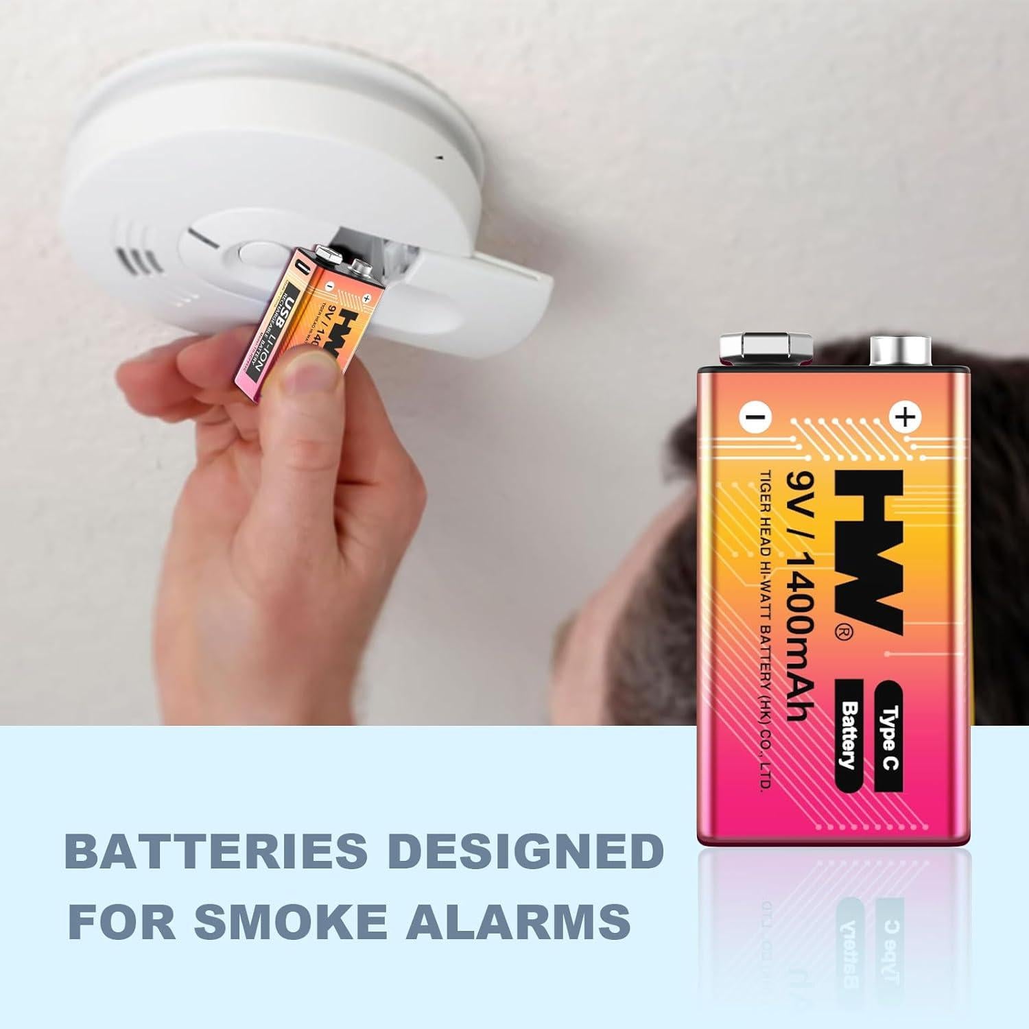 Baterías Recargables 9V HW Paquete de 4, 1400mAh USB-C