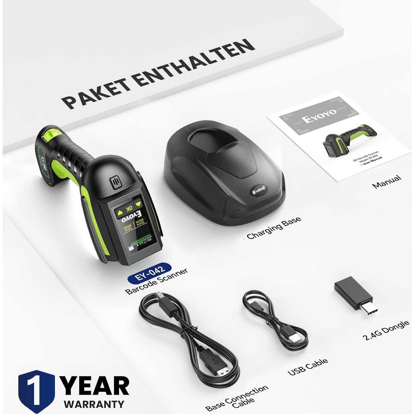 Escáner de Código de Barras Inalámbrico Eyoyo EY-042 1D 2D IP65