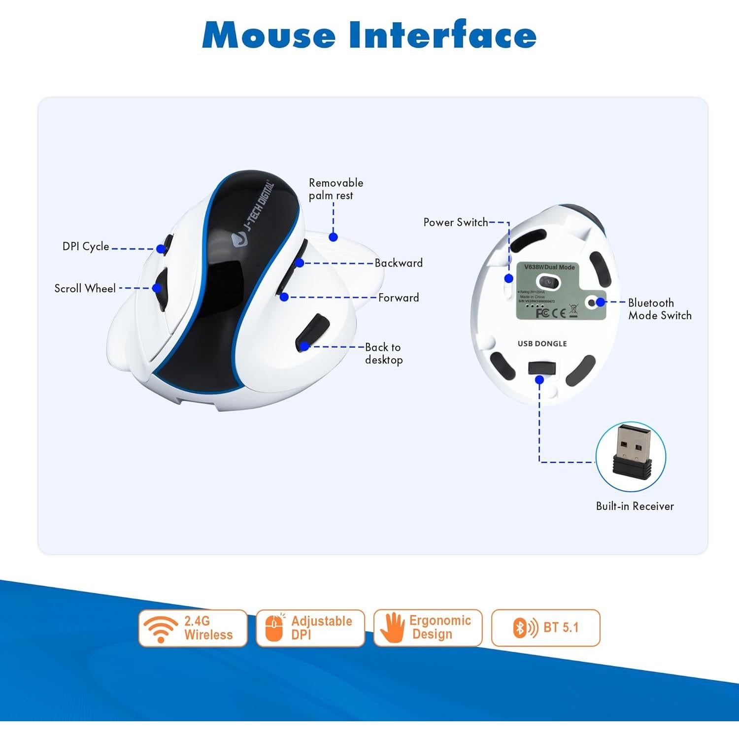 J-Tech Digital Ratón Inalámbrico Ergonómico V638W Blanco