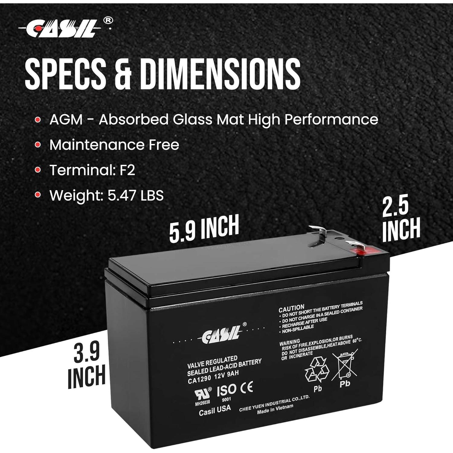 Batería AGM recargable Casil 12V 9Ah F2 2 Pack para Razor