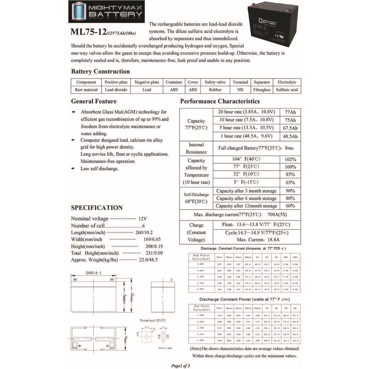 Batería Mighty Max ML75-12 12V 75AH SLA AGM Recargable