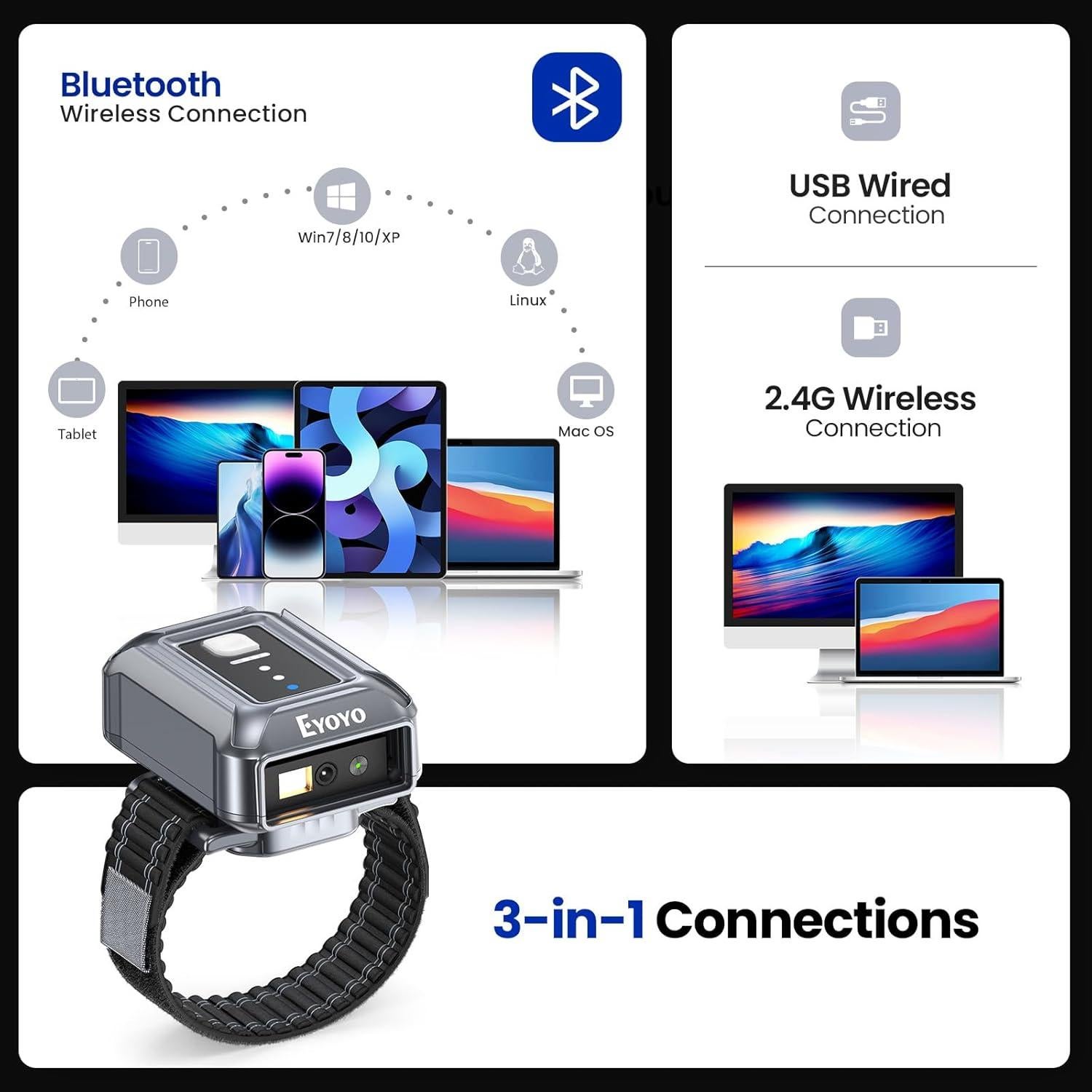 Escáner de Códigos de Barras Inalámbrico Eyoyo para Muñeca