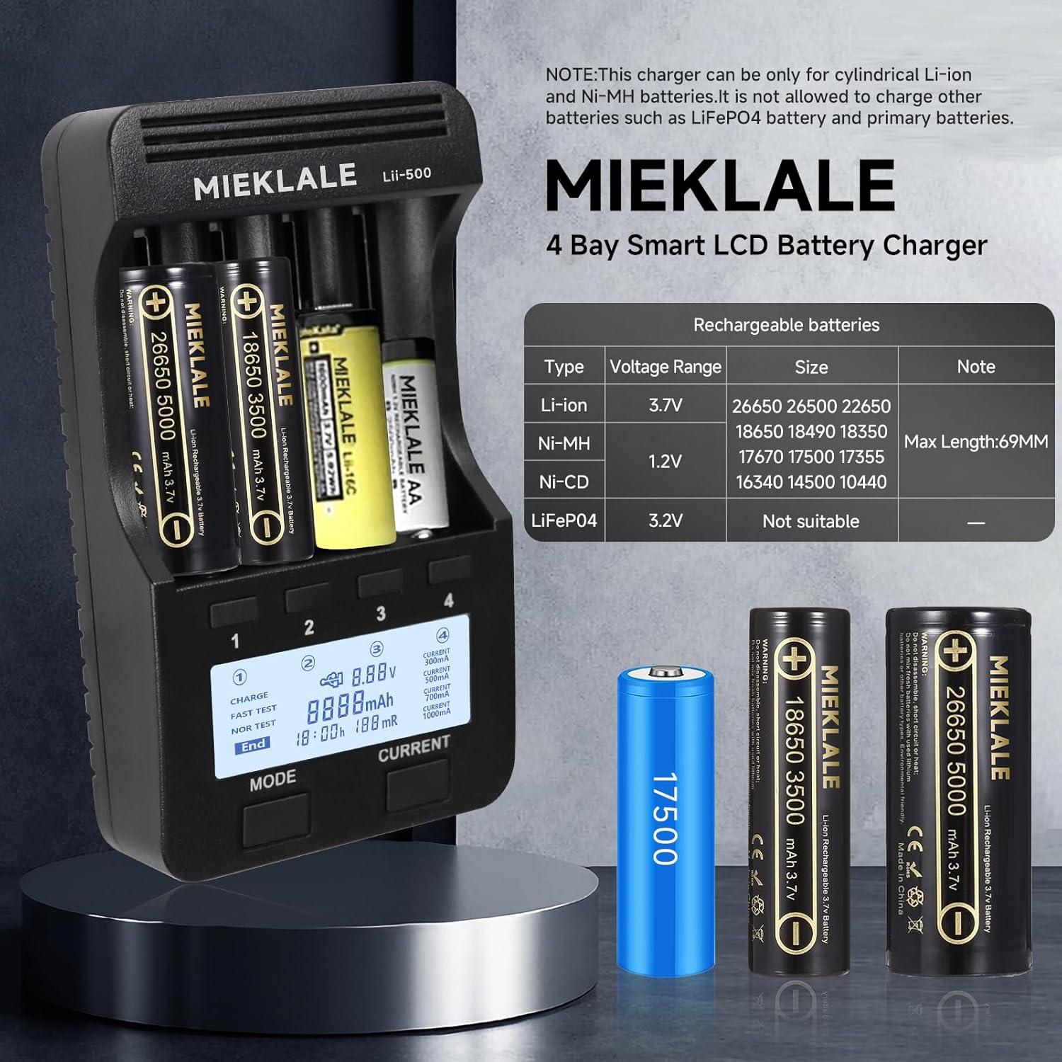Cargador de Batería MIEKLALE M500 4 Bahías Carga Rápida LCD
