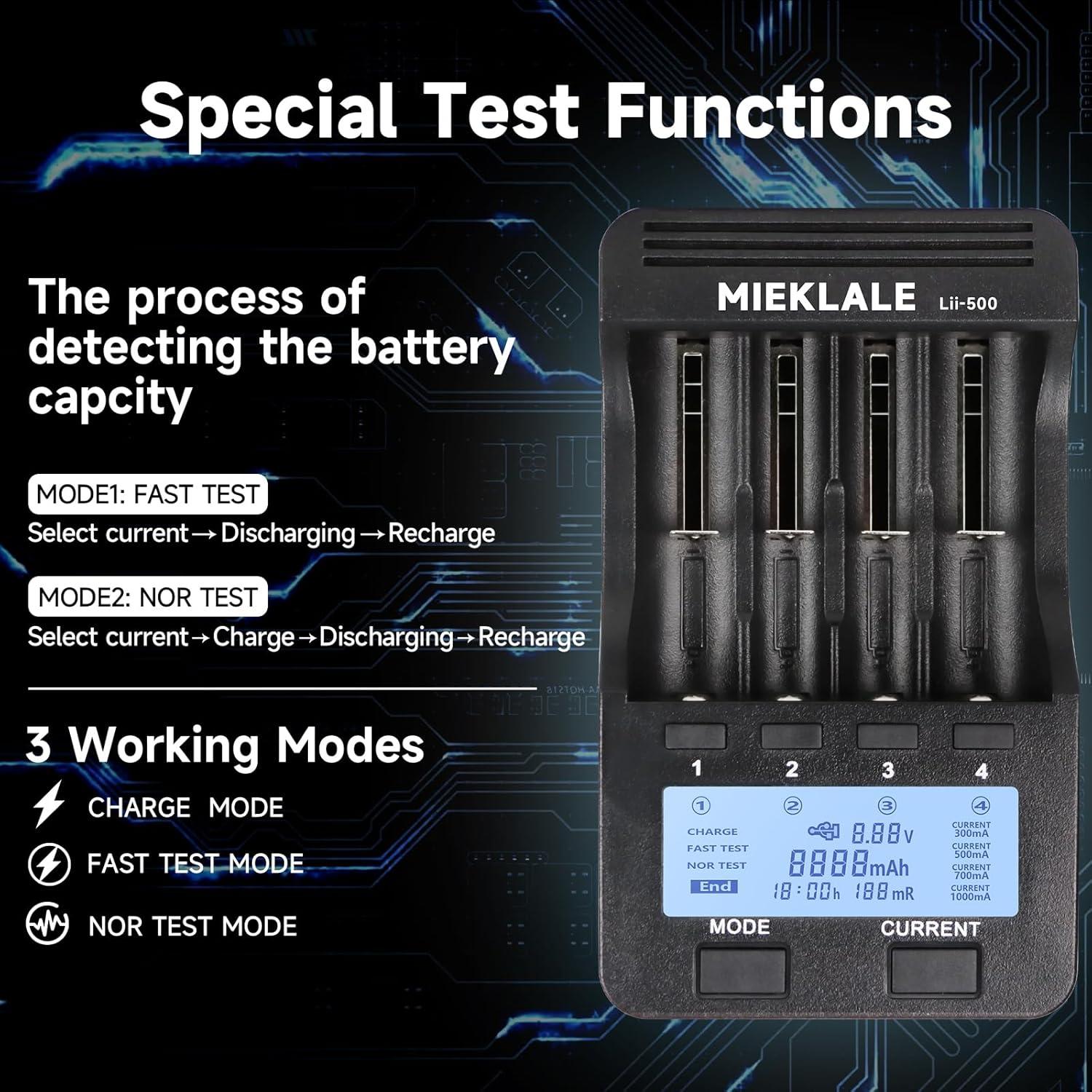 Cargador de Batería MIEKLALE M500 4 Bahías Carga Rápida LCD