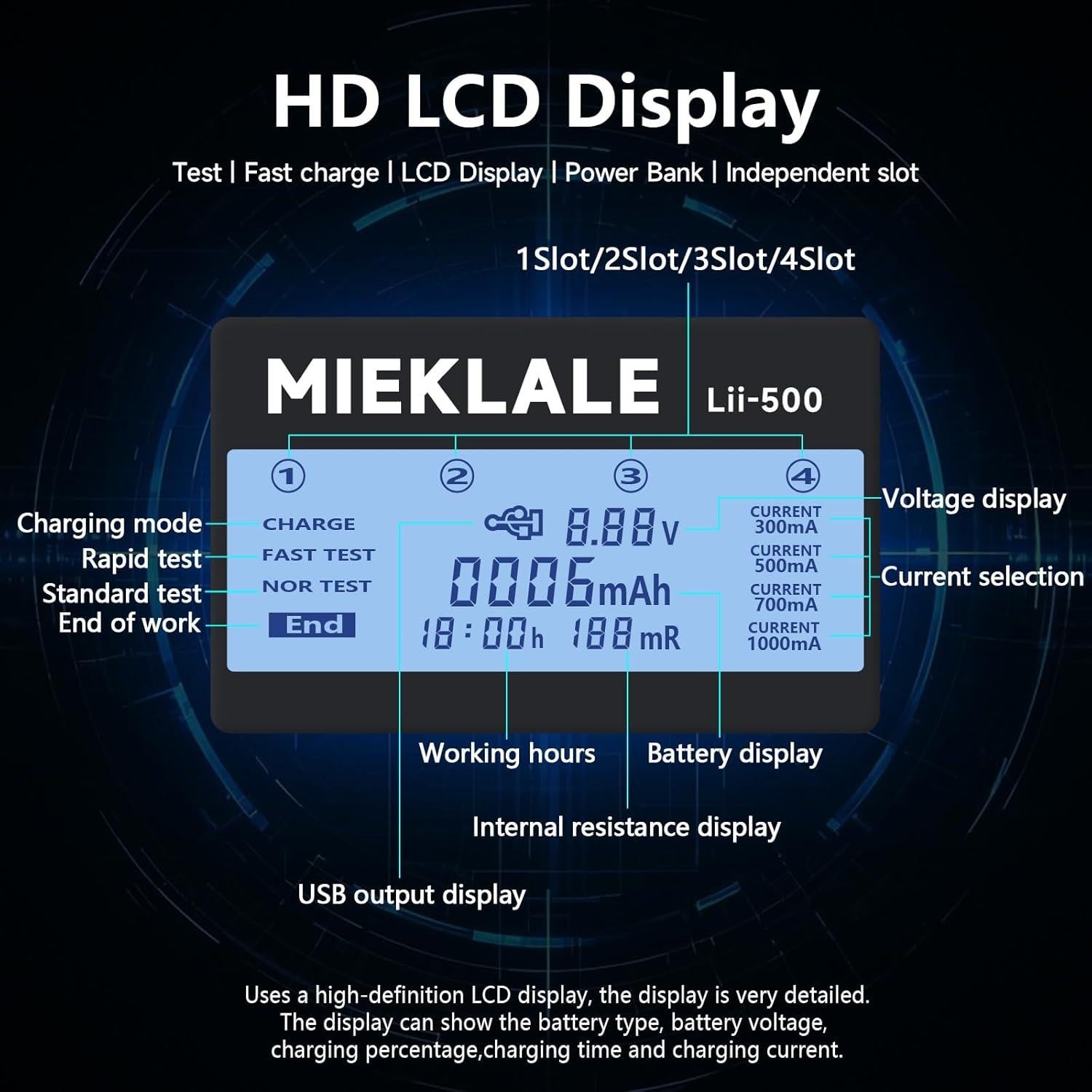 Cargador de Batería MIEKLALE M500 4 Bahías Carga Rápida LCD