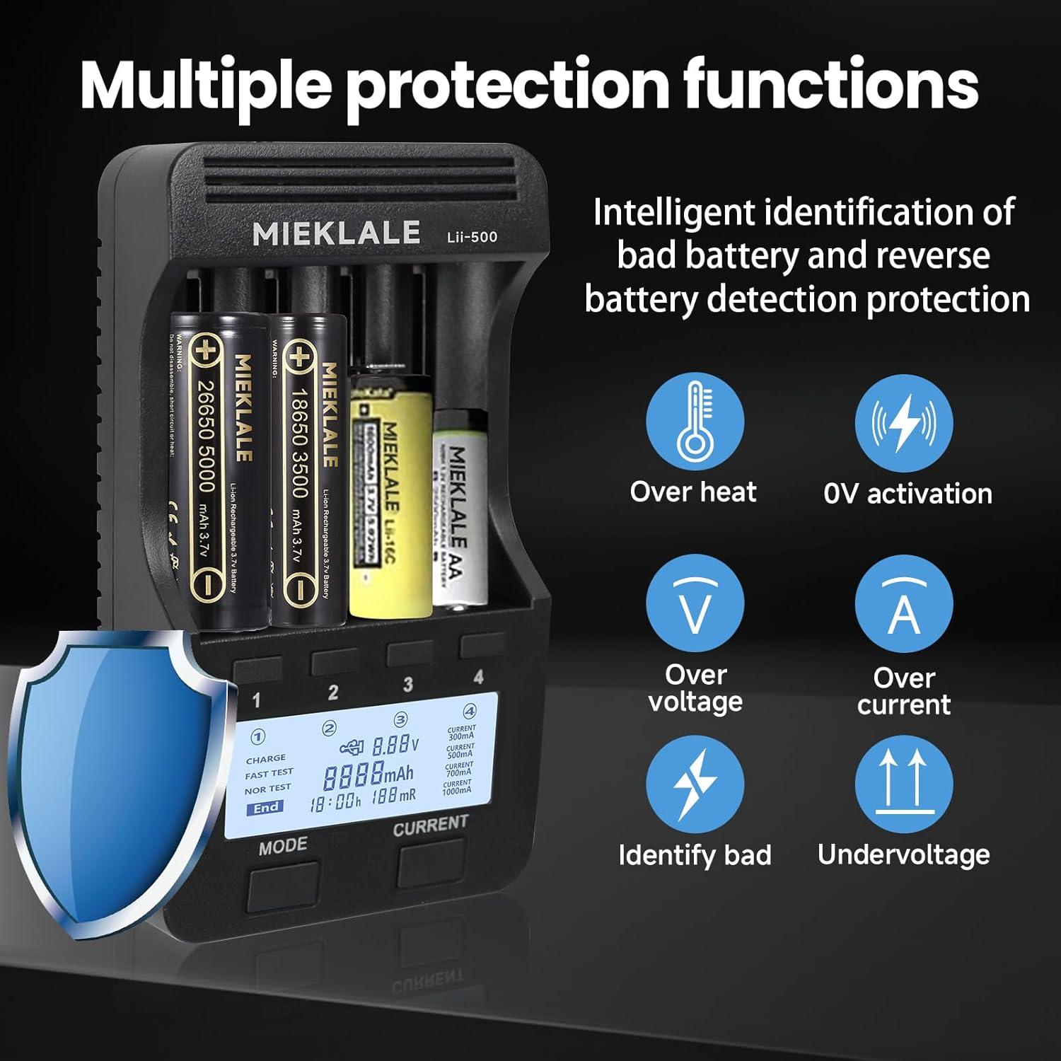 Cargador de Batería MIEKLALE M500 4 Bahías Carga Rápida LCD