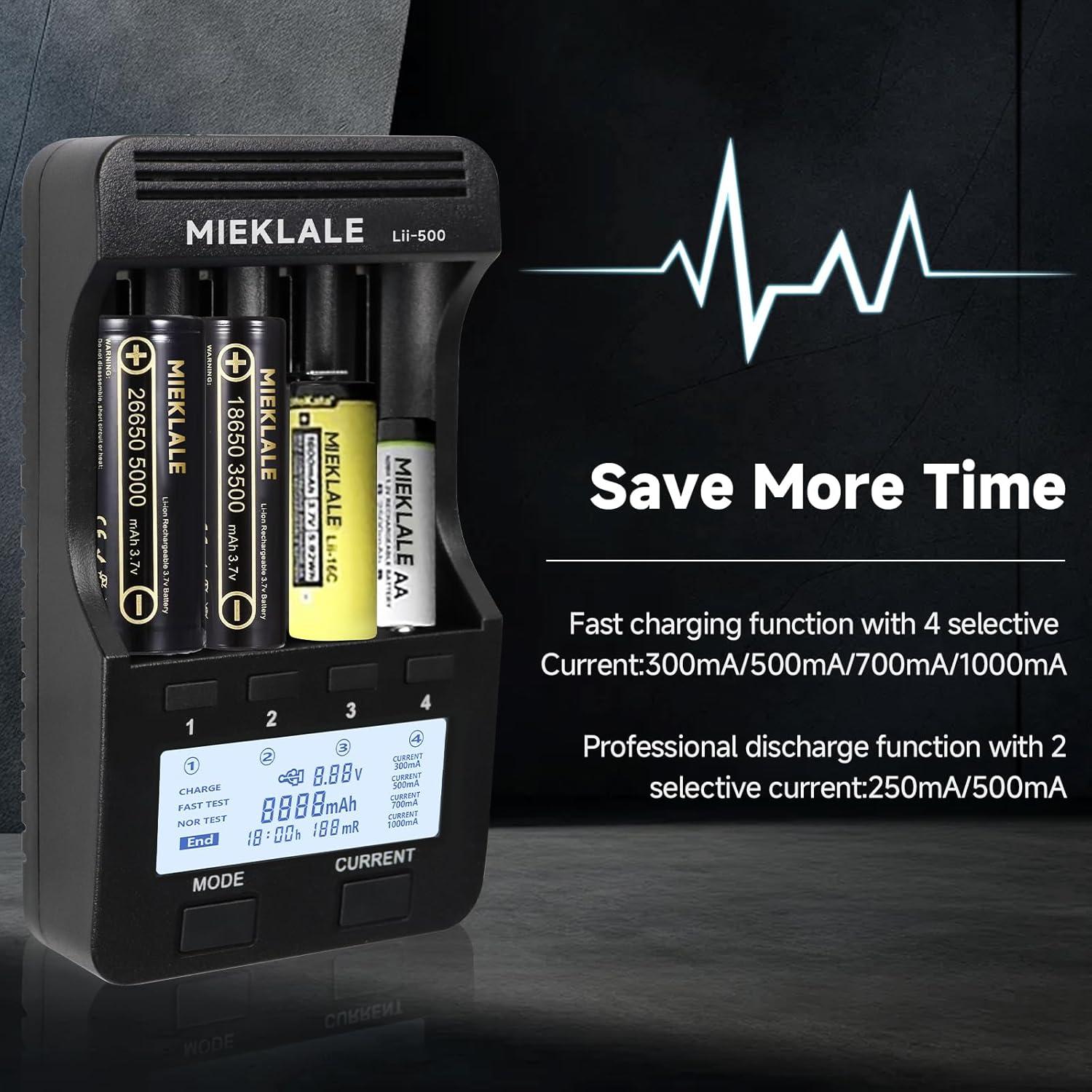 Cargador de Batería MIEKLALE M500 4 Bahías Carga Rápida LCD