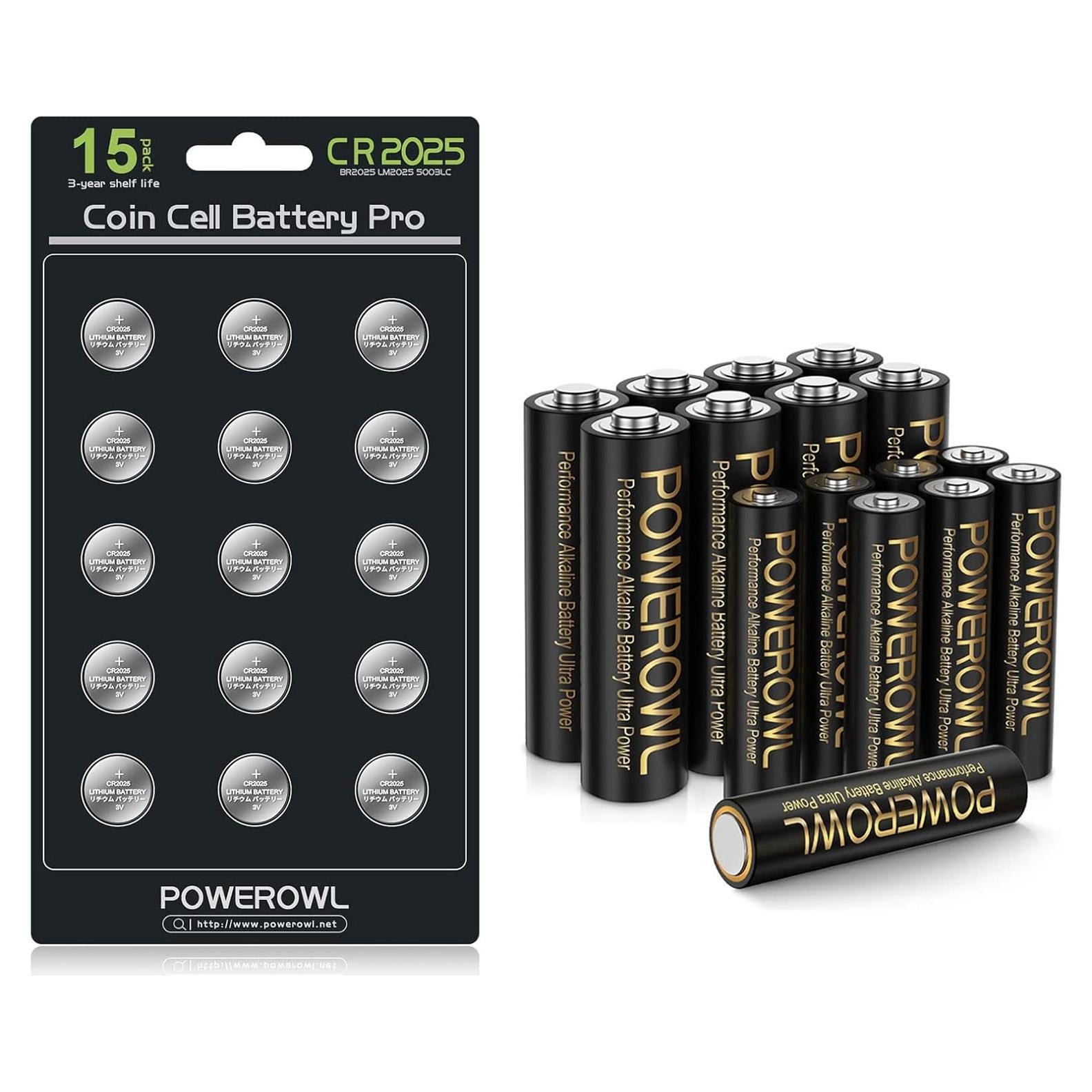 Baterías Alcalinas AA AAA y CR2025 POWEROWL Combo 16 Pcs