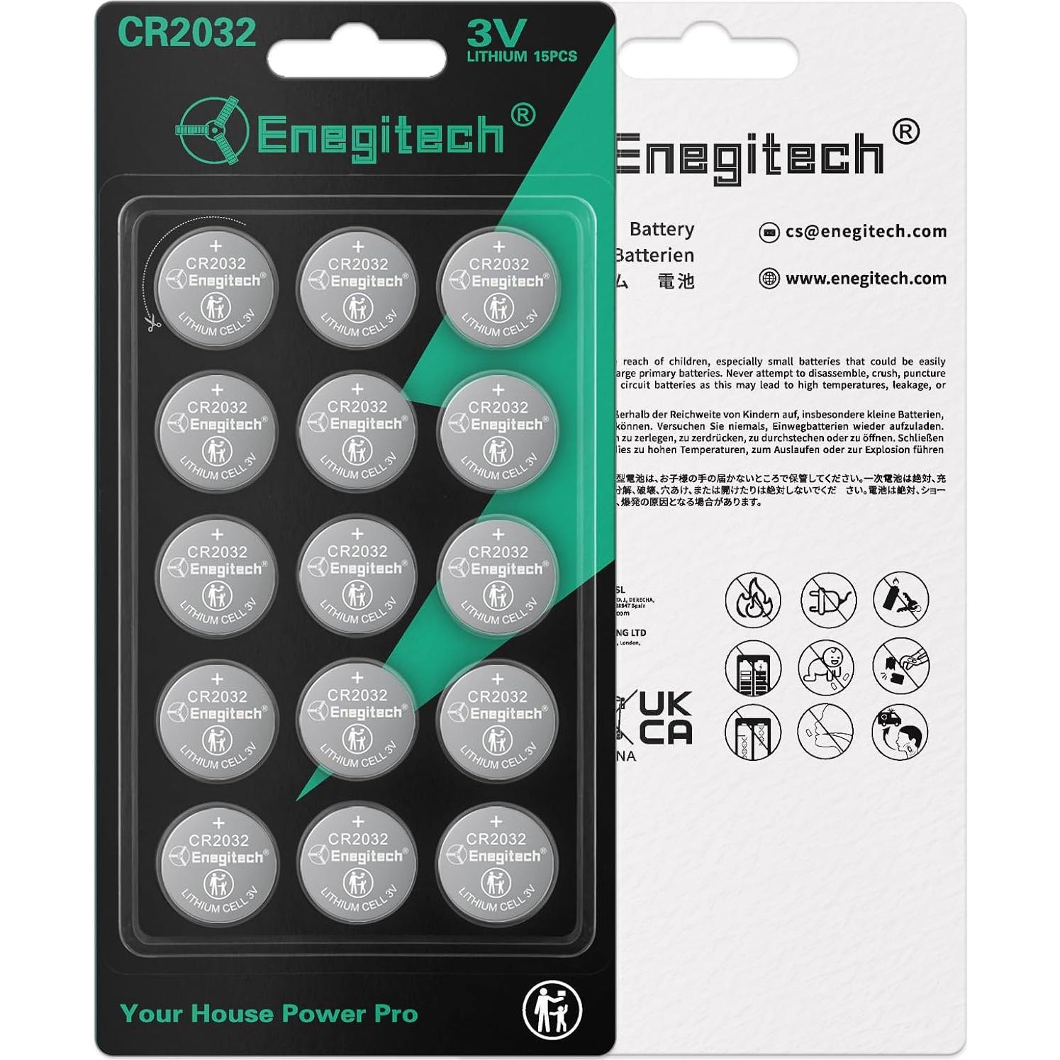 Baterías de botón de litio Enegitech CR2032 3V paquete de 15