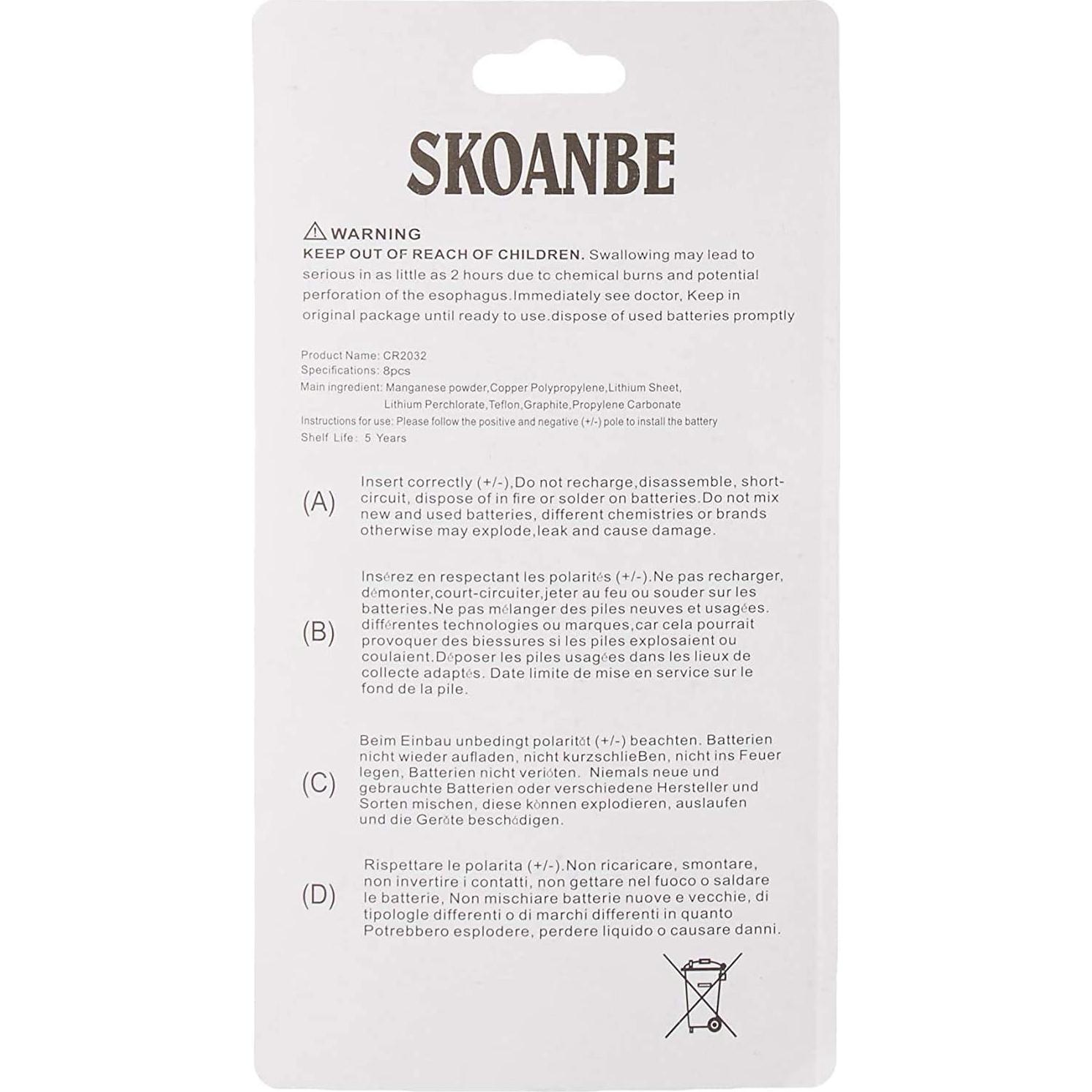 Baterías de Litio CR2032 3V SKOANBE - 8 Piezas