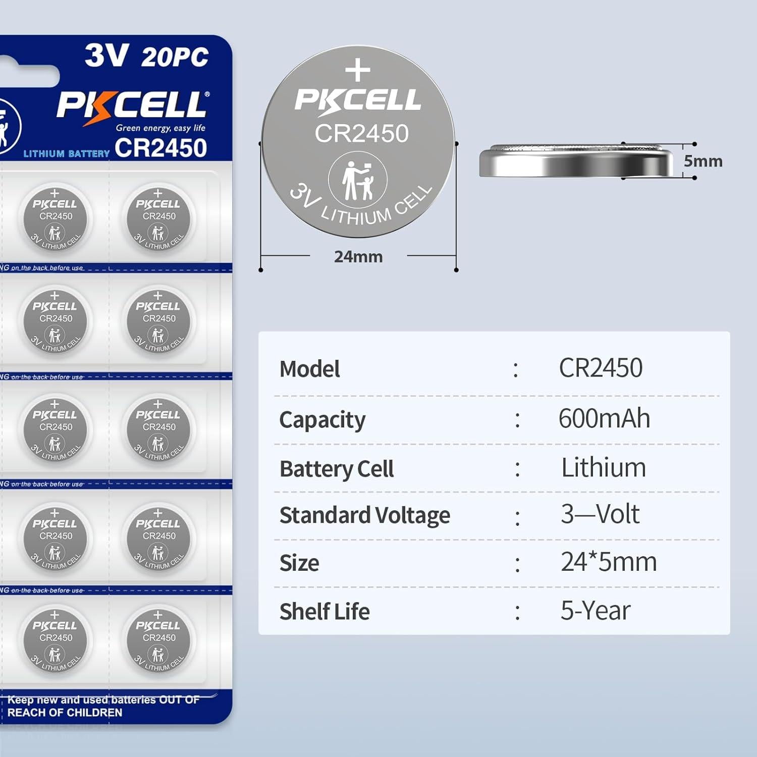 Paquete de 20 Baterías CR2450 PKCELL 3V Alta Capacidad