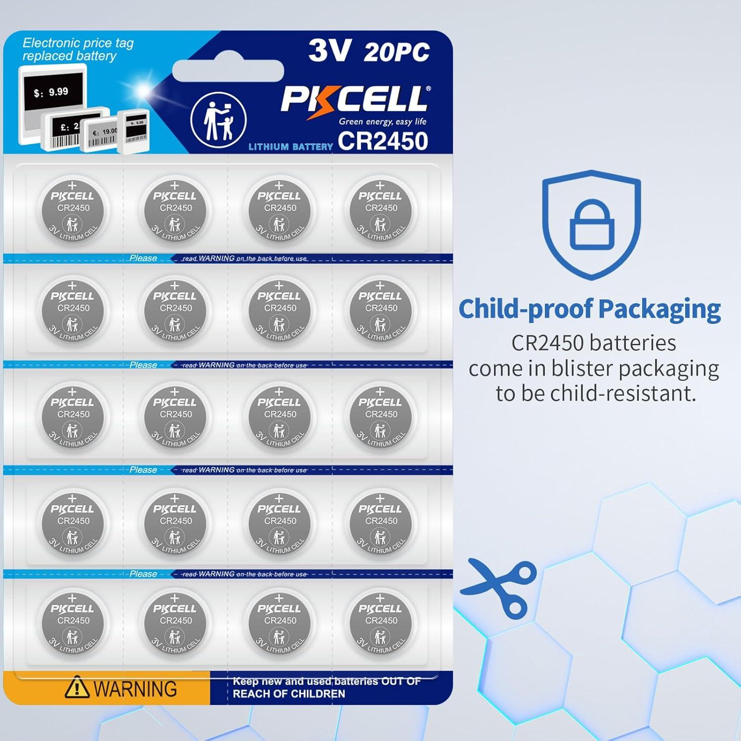 Paquete de 20 Baterías CR2450 PKCELL 3V Alta Capacidad