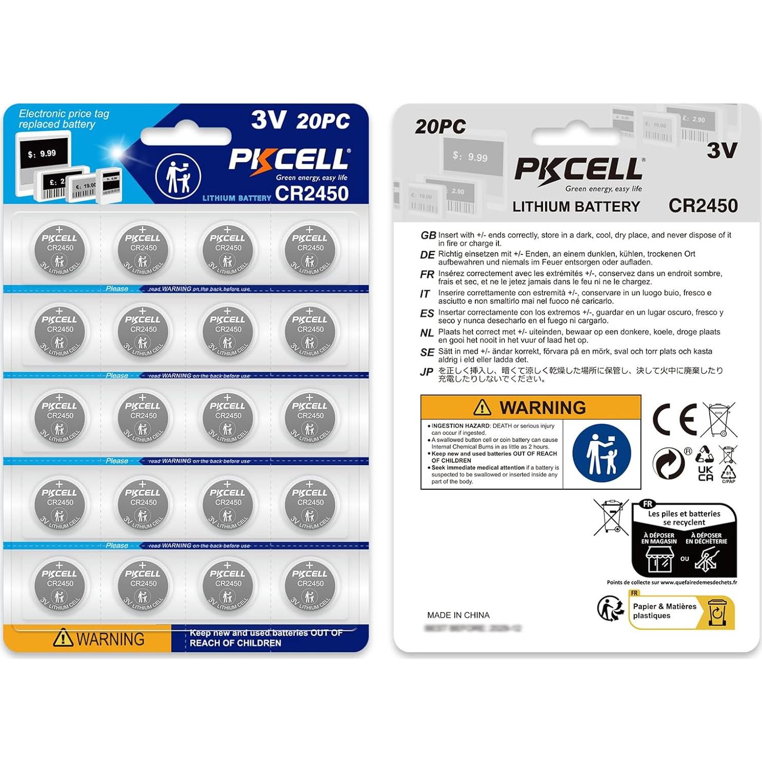 Paquete de 20 Baterías CR2450 PKCELL 3V Alta Capacidad