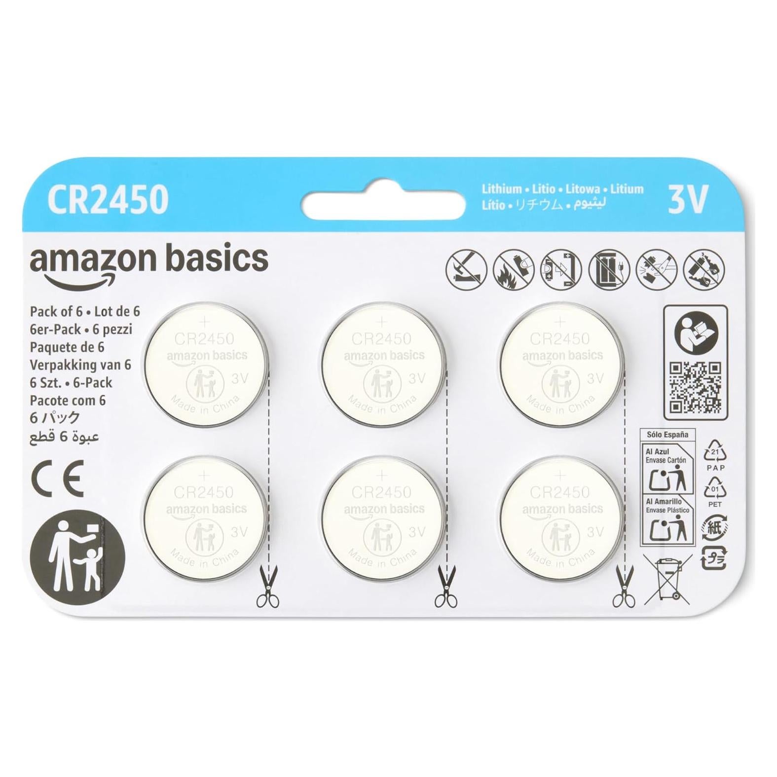 Paquete de 6 Baterías de Botón de Litio CR2450 Amazon Basics