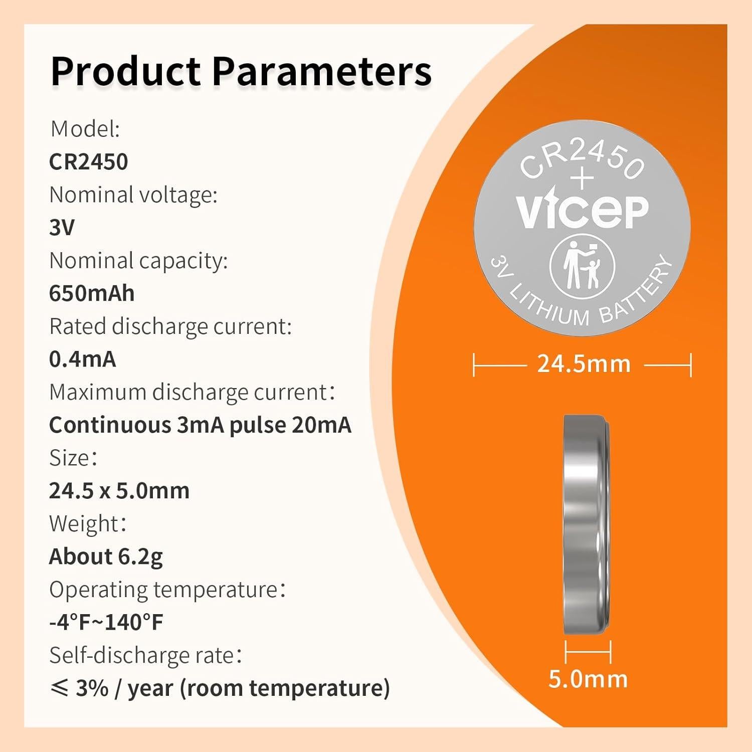 Paquete de 5 Baterías CR2450 ViCep 650mAh 3V Celda de Botón