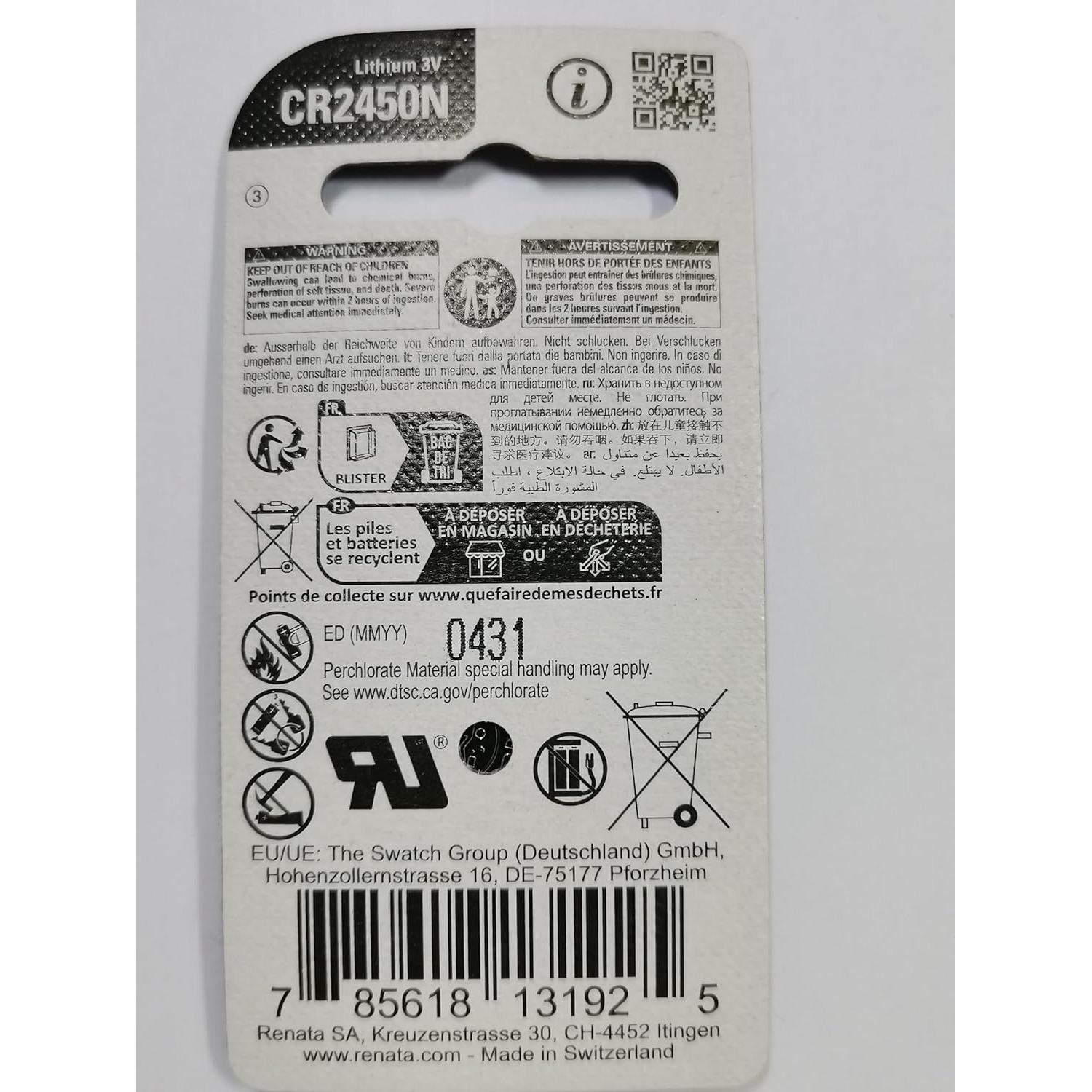 2 Baterías de Litio Renata CR2450 540mAh 3V - Alta Capacidad