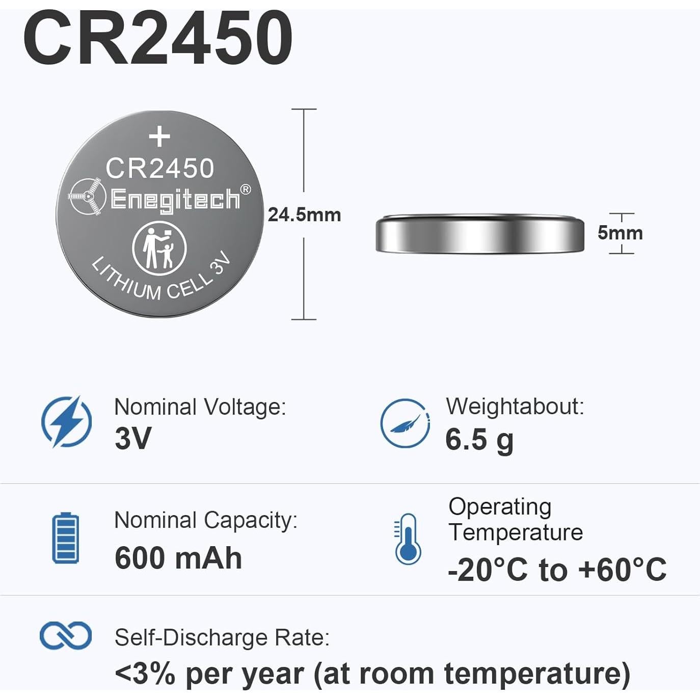 Batería de botón de litio Enegitech CR2450 3V - Paquete de 6