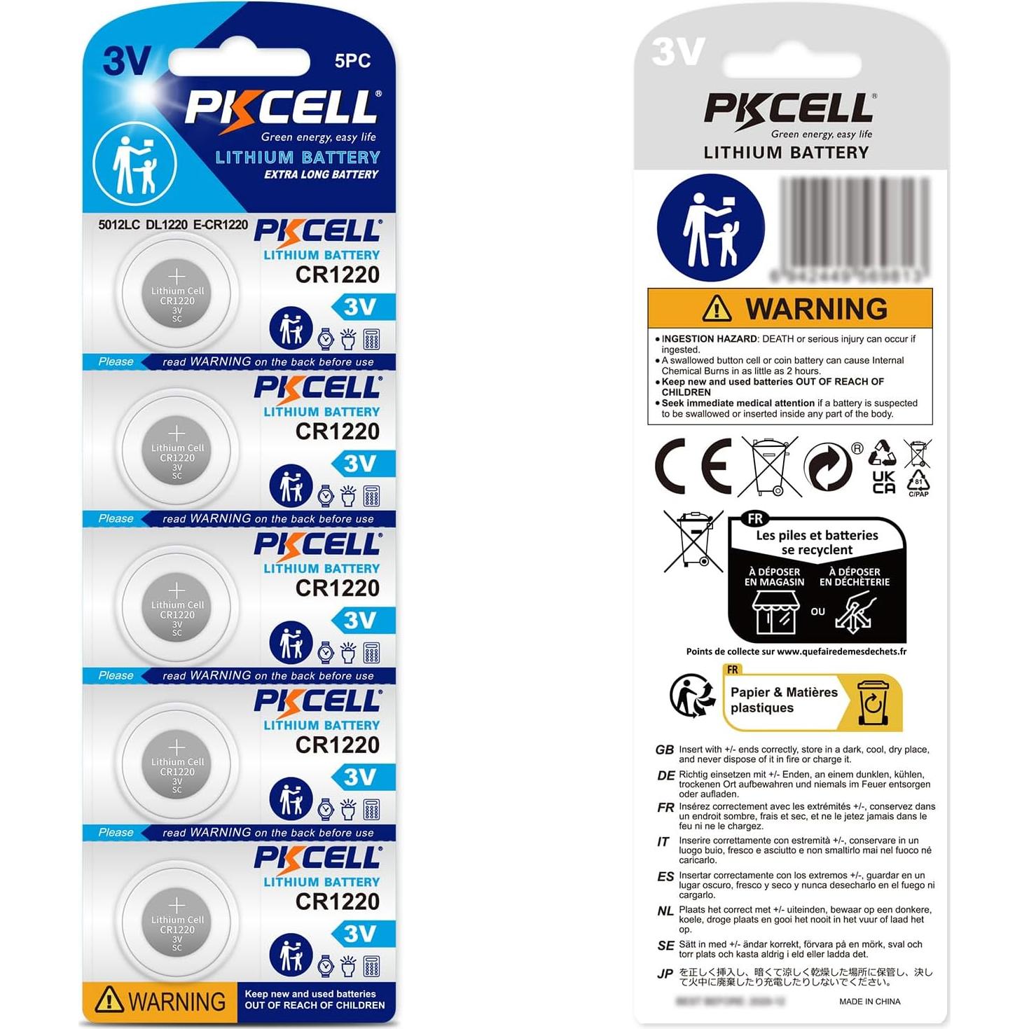 Baterías de Litio PKCELL CR1220 Paquete de 10 - 3V