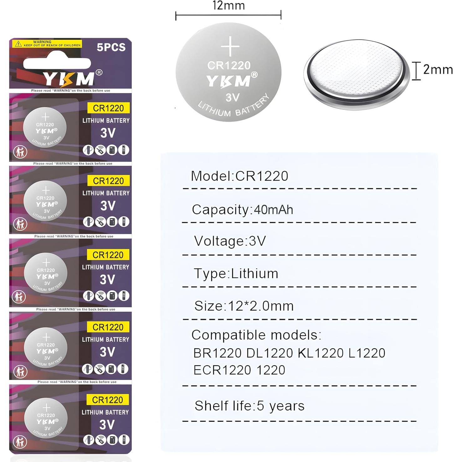 Paquete de 5 Baterías CR1220 YKM 3V para Reloj y Dispositivos