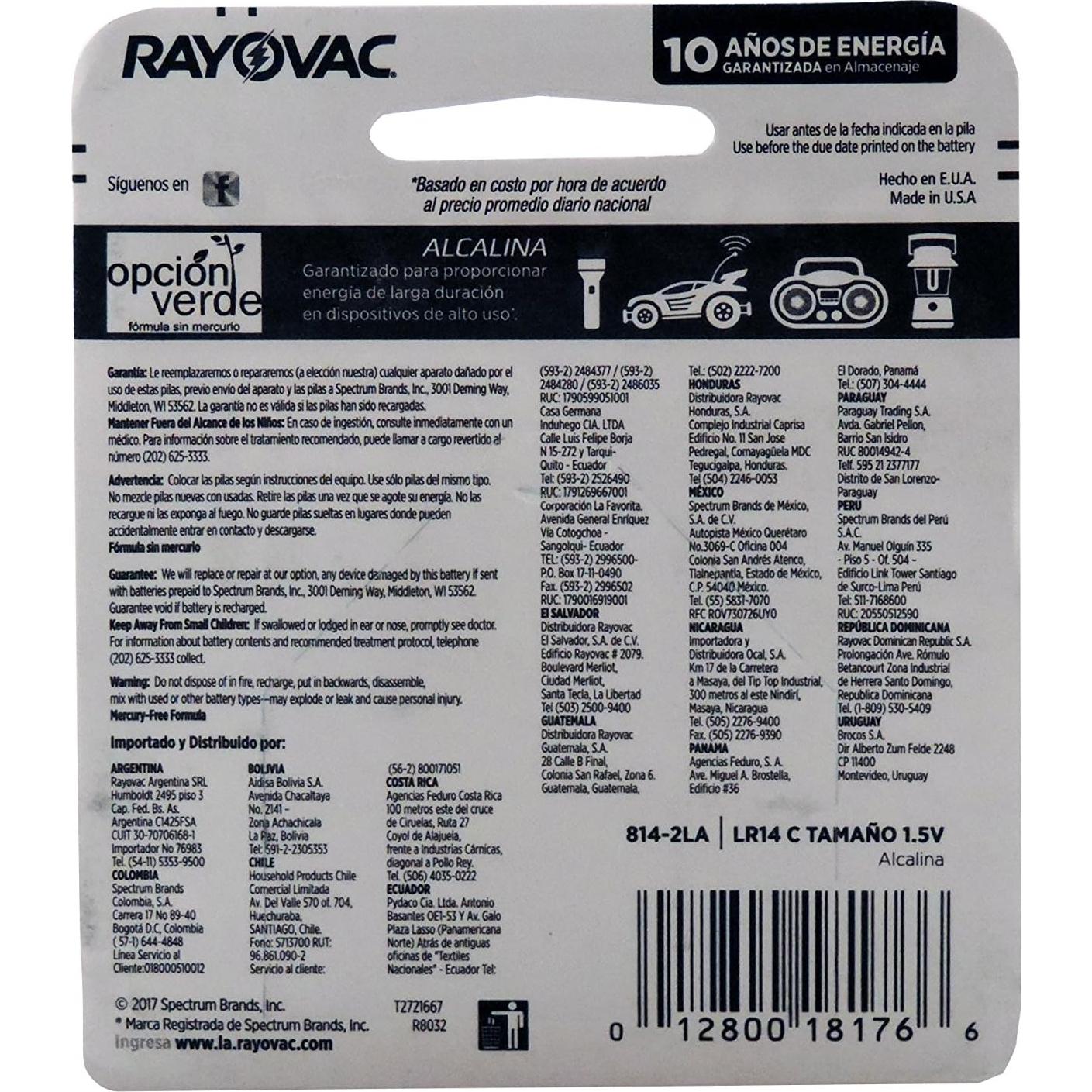 Baterías Alcalinas C Rayovac 814-2F Paquete de 2 Unidades